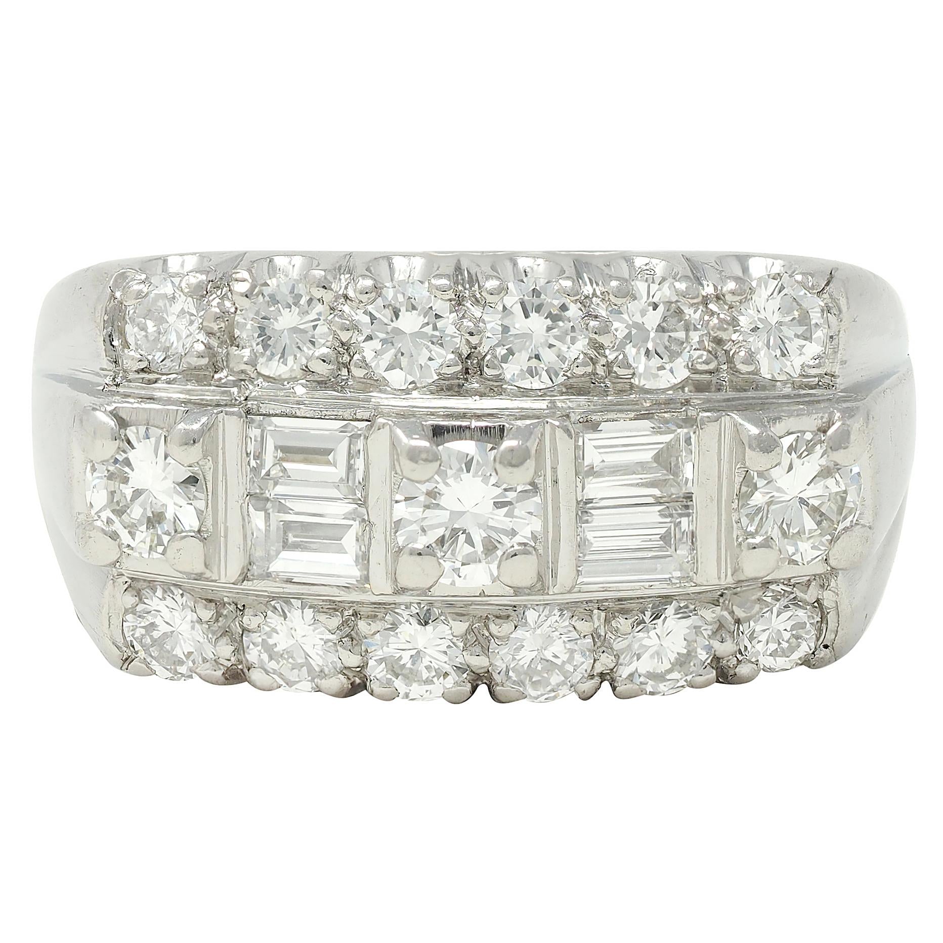 Granat Mid-Century 1.55 CTW Diamond Platinum Vintage Three Row Band Ring