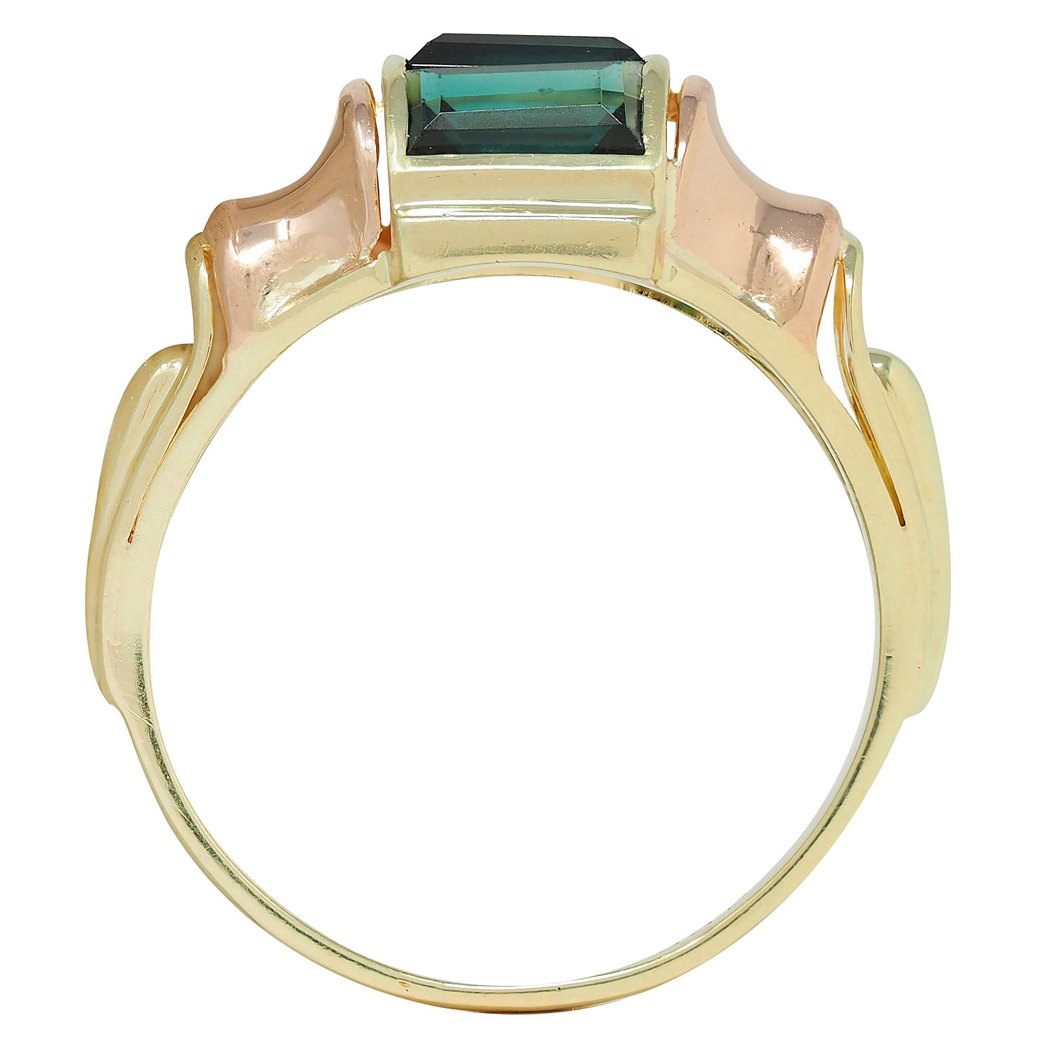 Retro French Tourmaline 14 Karat Two-Tone Gold Domed Vintage Tank Ring