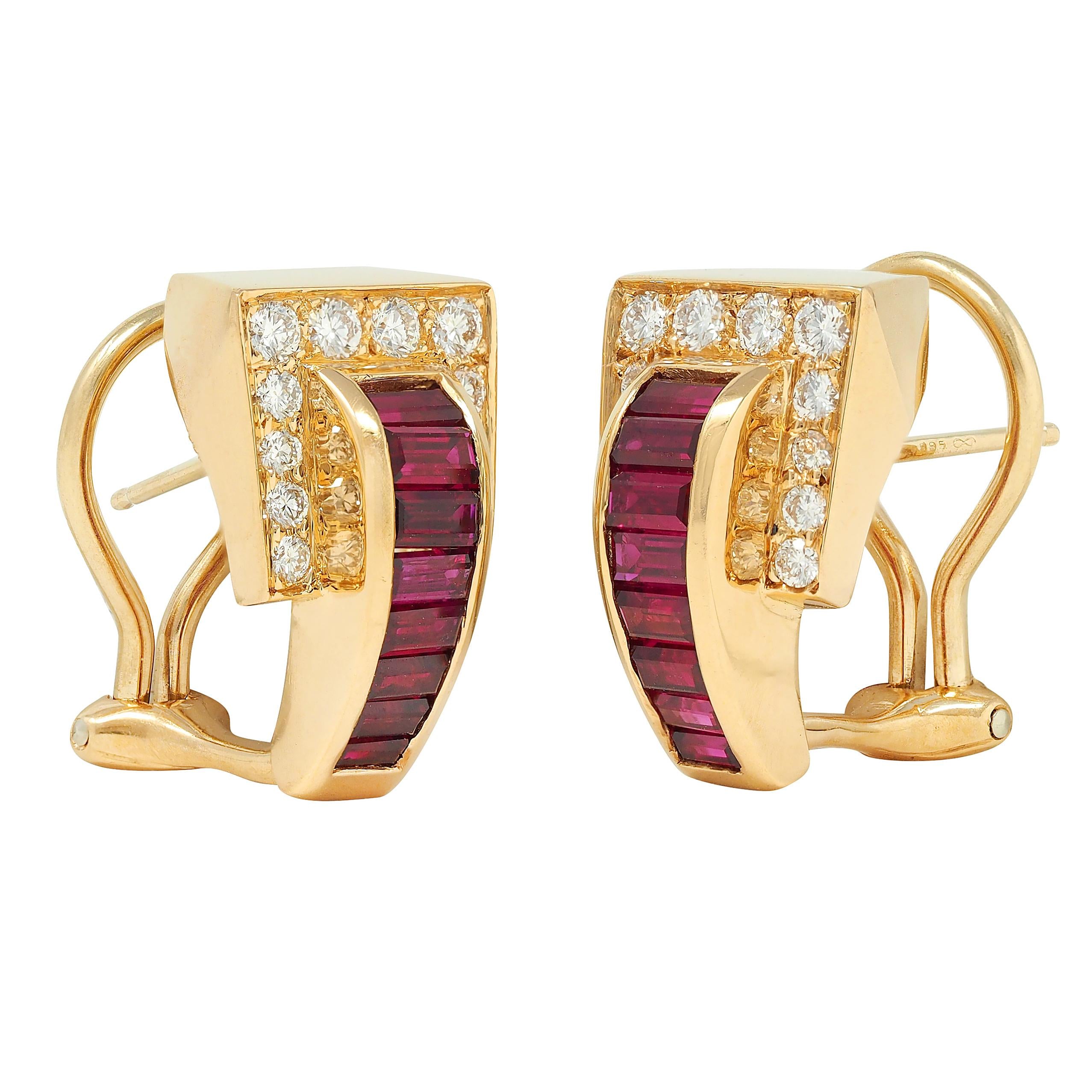 1980's 2.30 CTW Ruby Diamond 18 Karat Yellow Gold Vintage J-Hoop Earrings