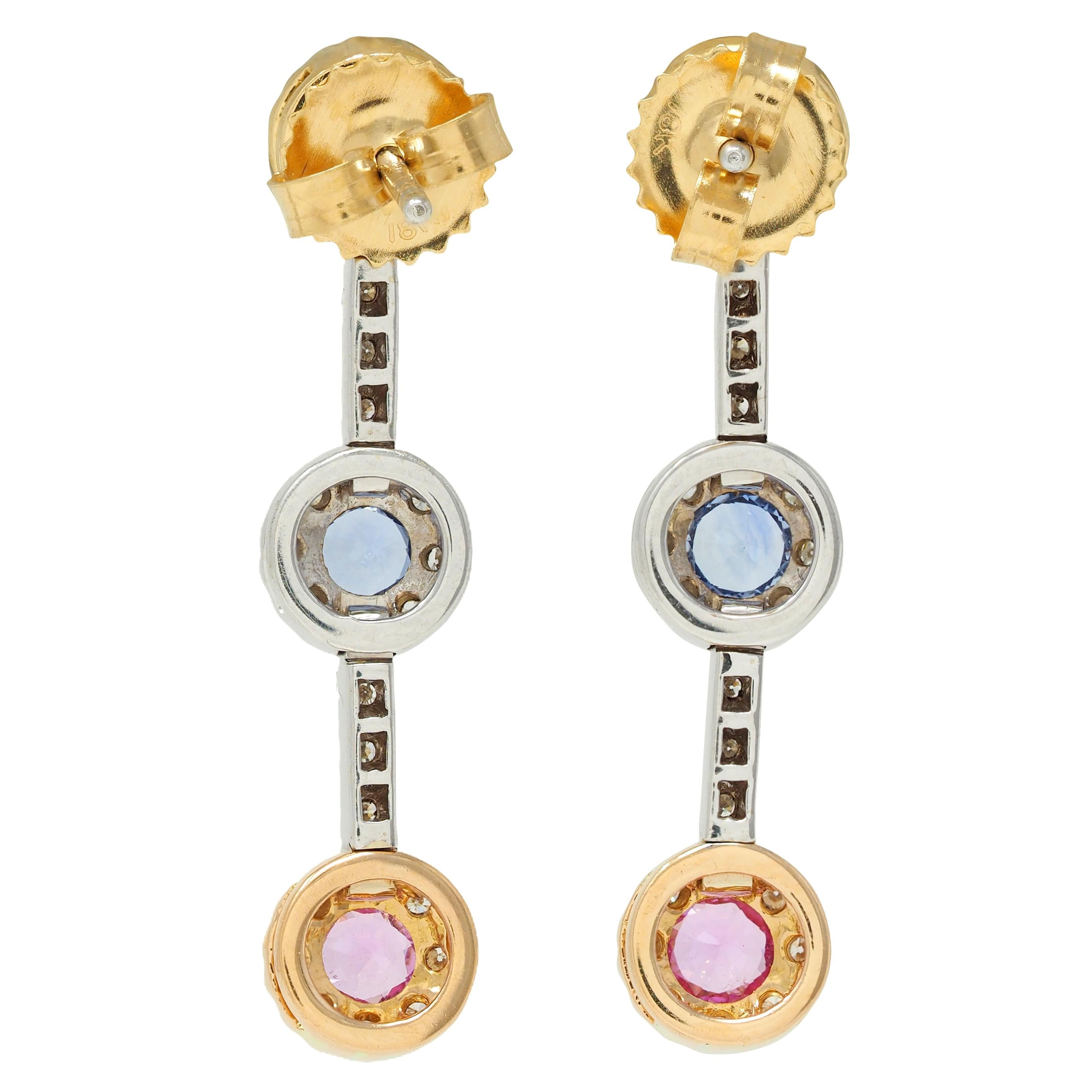 Contemporary 1.99 CTW Fancy Sapphire Diamond 18 Karat Two-Tone Gold Drop Earring