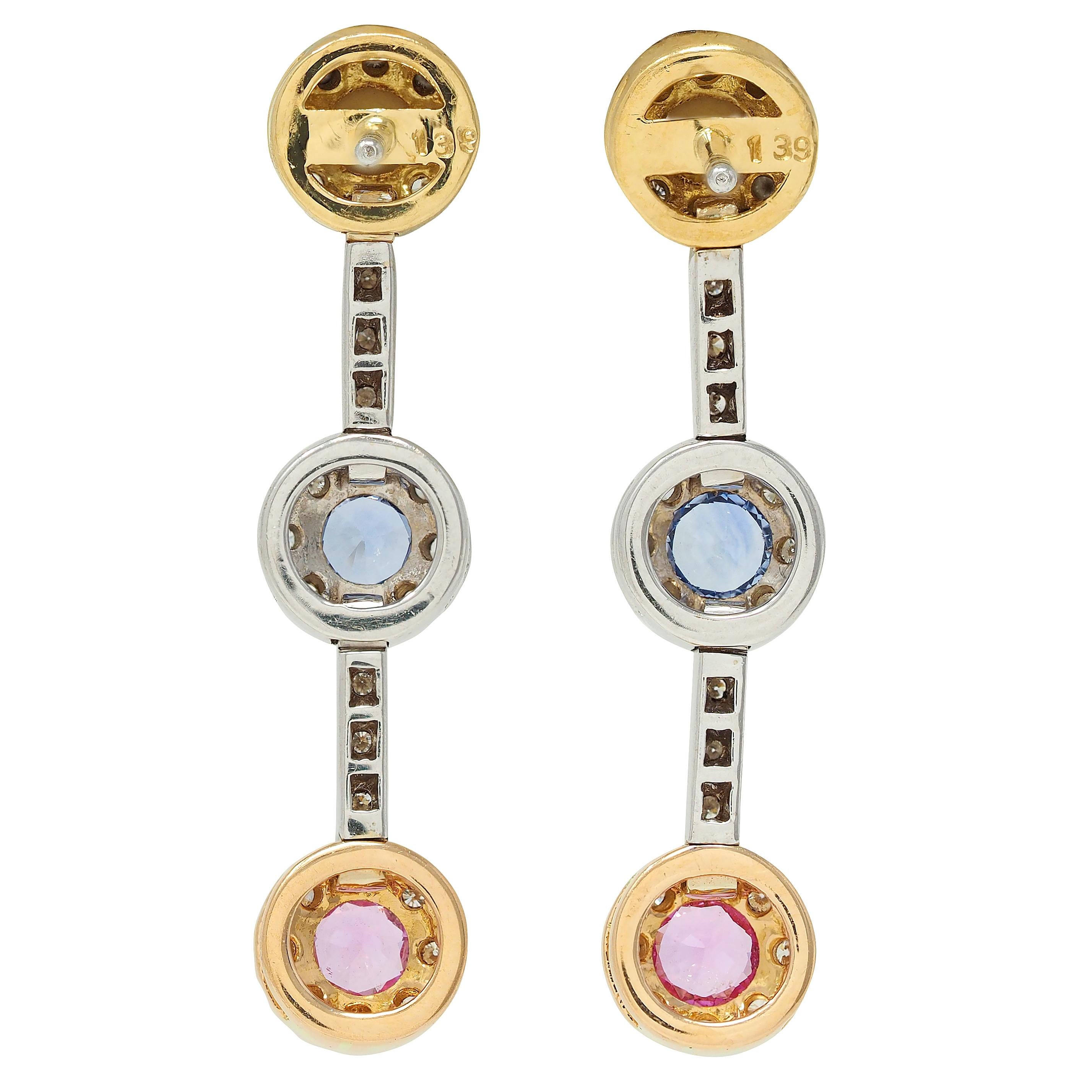 Contemporary 1.99 CTW Fancy Sapphire Diamond 18 Karat Two-Tone Gold Drop Earring
