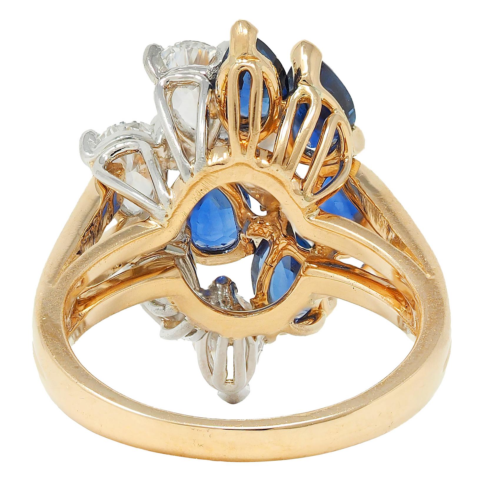 3.50 CTW Sapphire Diamond Platinum 18 Karat Gold Vintage Cluster Cocktail Ring