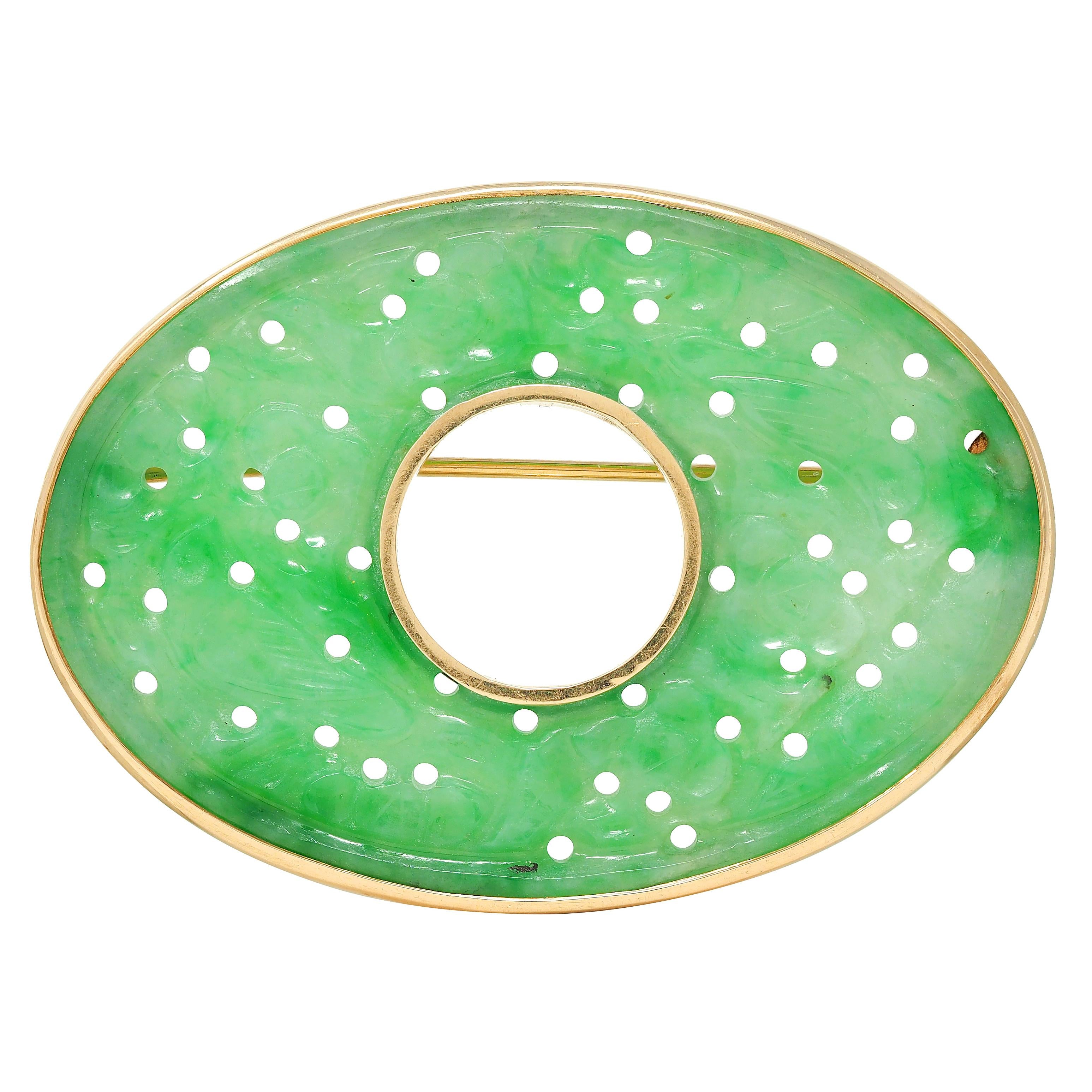 Art Deco Carved Jade 14 Karat Yellow Gold Antique Floral Brooch