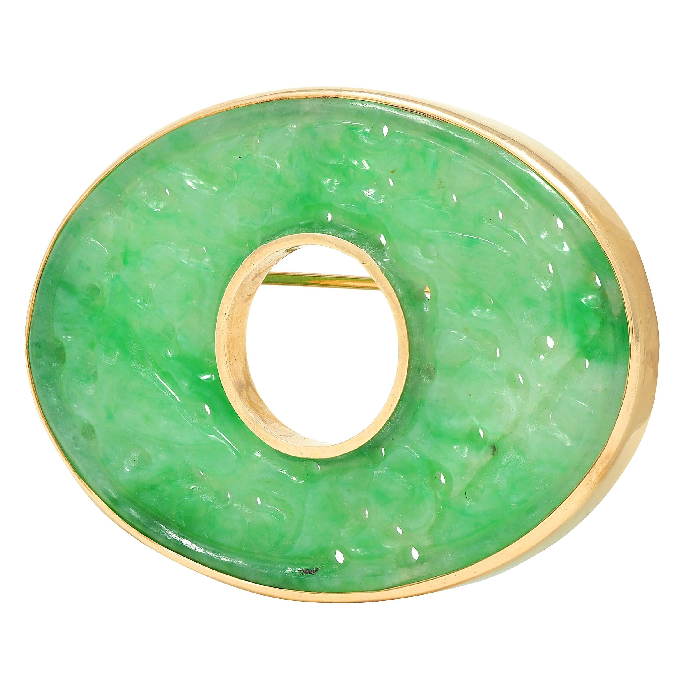 Art Deco Carved Jade 14 Karat Yellow Gold Antique Floral Brooch