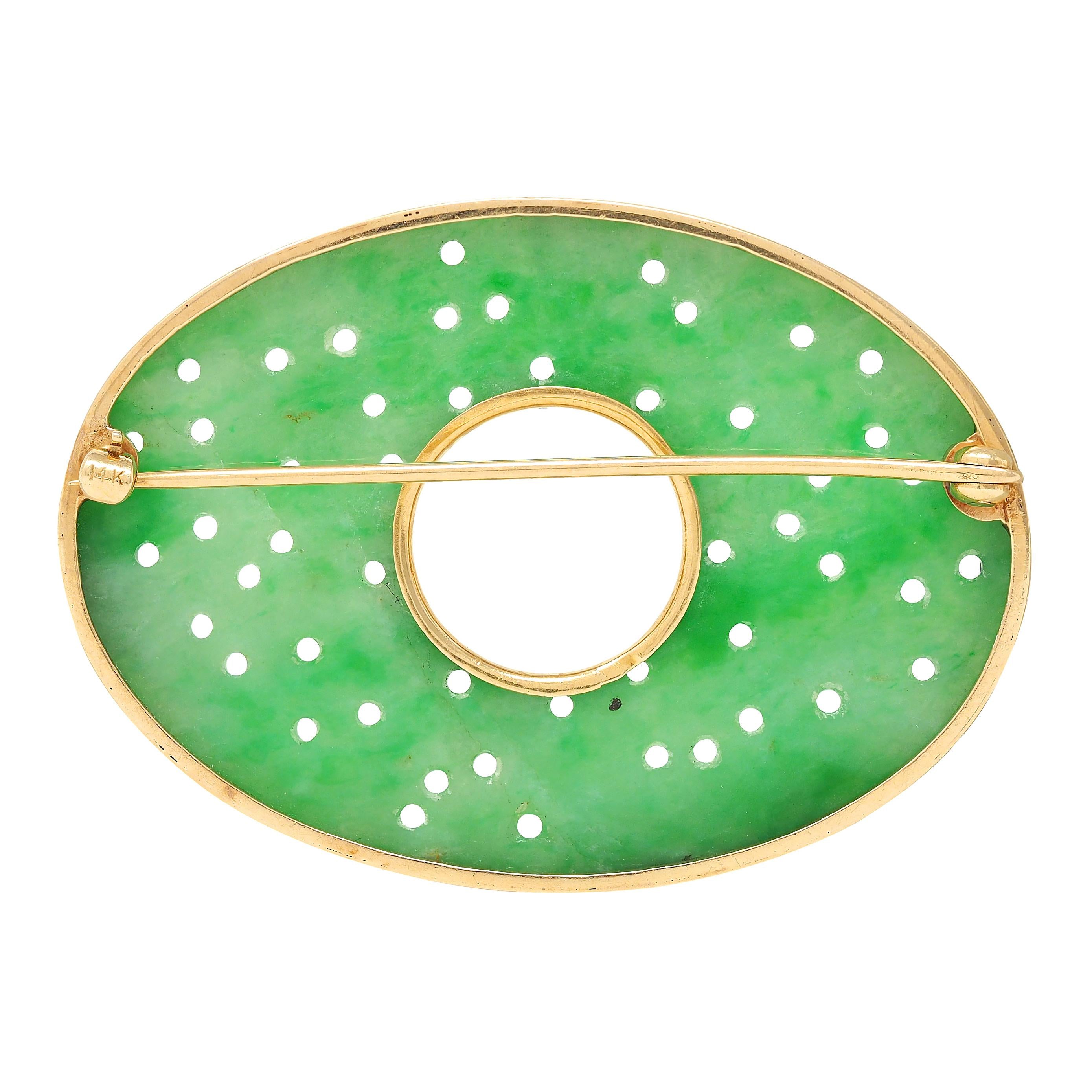 Art Deco Carved Jade 14 Karat Yellow Gold Antique Floral Brooch