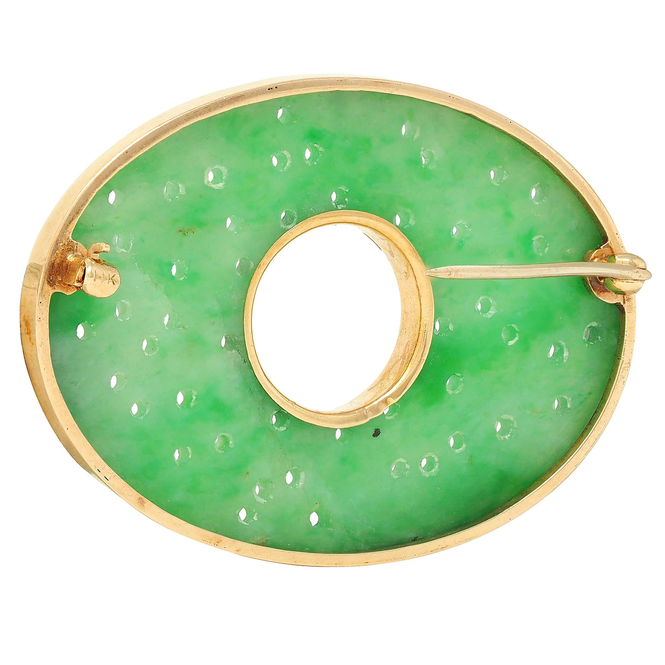 Art Deco Carved Jade 14 Karat Yellow Gold Antique Floral Brooch