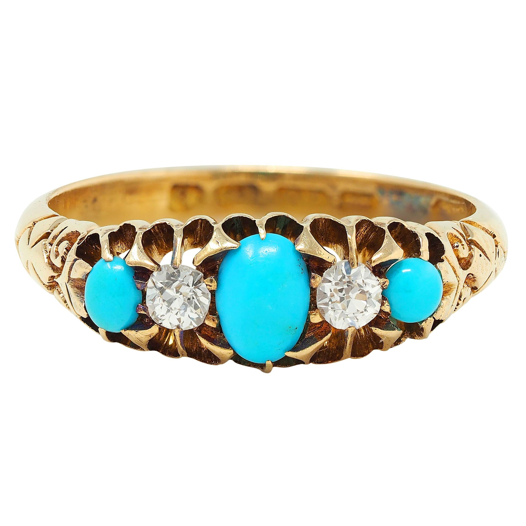 1919 Turquoise Diamond 18 Karat Yellow Gold Antique Five Stone Band Ring