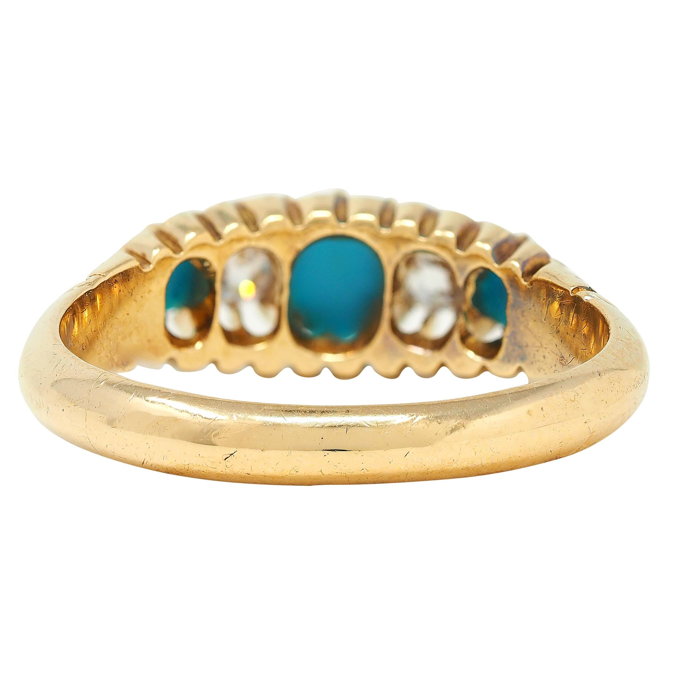 1919 Turquoise Diamond 18 Karat Yellow Gold Antique Five Stone Band Ring