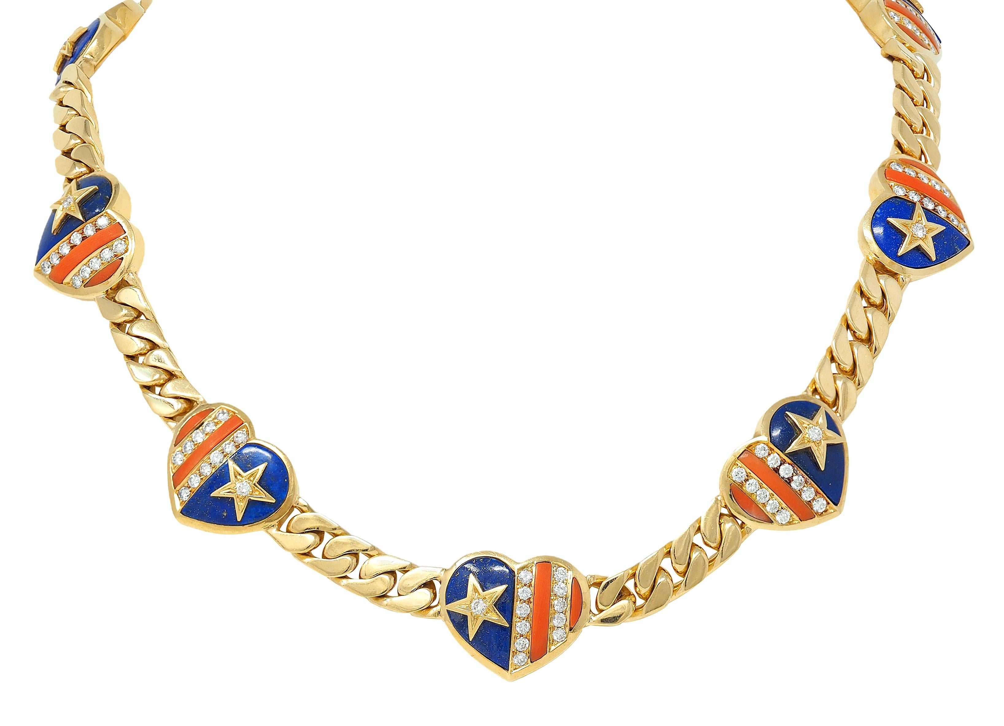 Bulgari 1972 Coral Lapis Diamond 18K Gold Vintage Stars & Stripes Heart Necklace