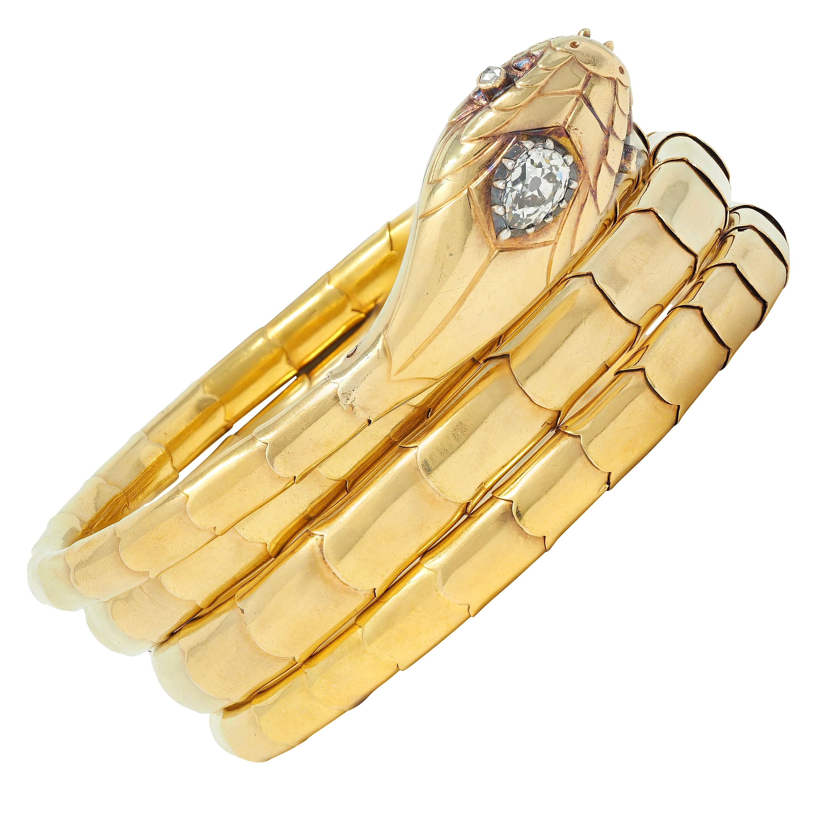 Victorian Diamond 18 Karat Yellow Gold Silver Antique Snake Wrap Bracelet