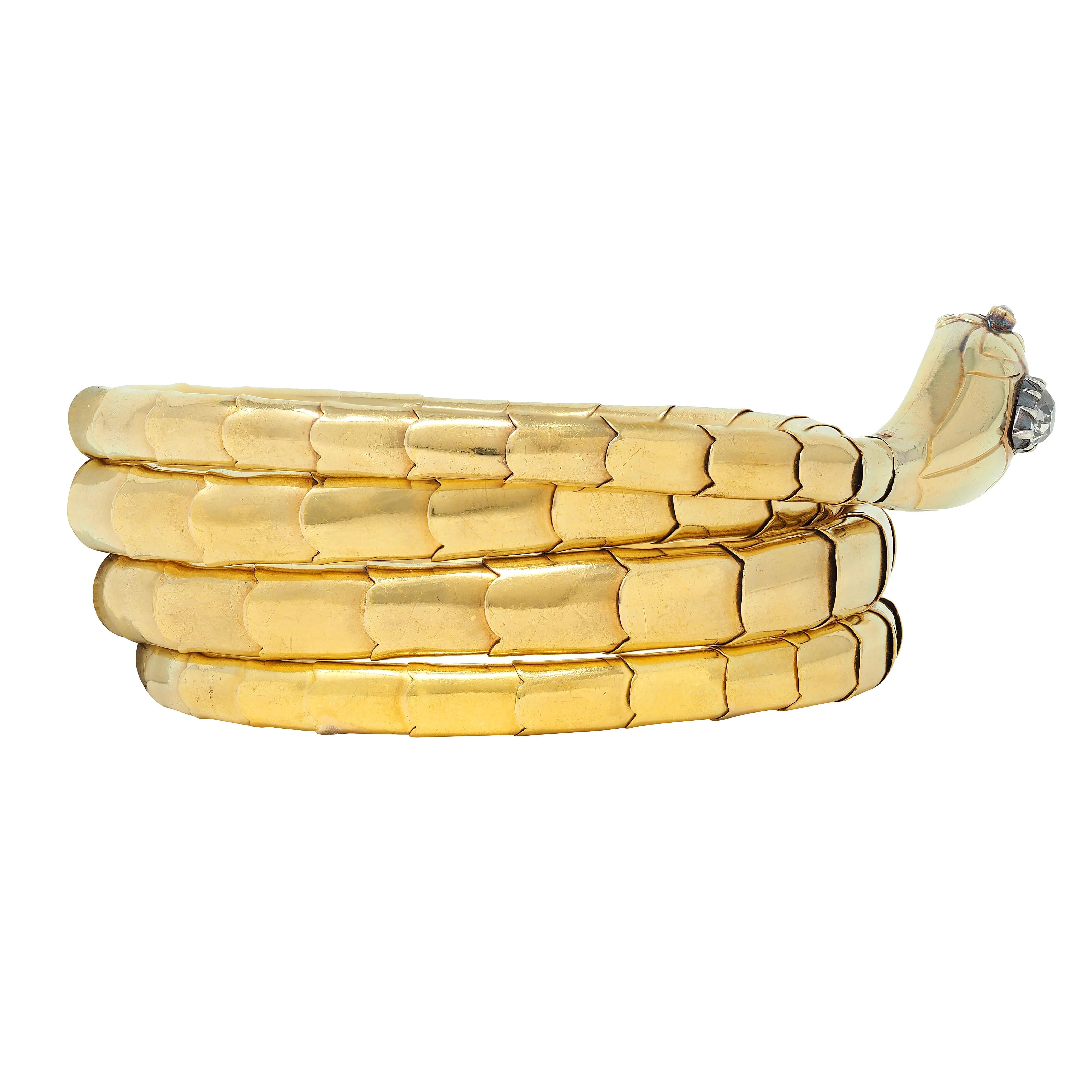 Victorian Diamond 18 Karat Yellow Gold Silver Antique Snake Wrap Bracelet