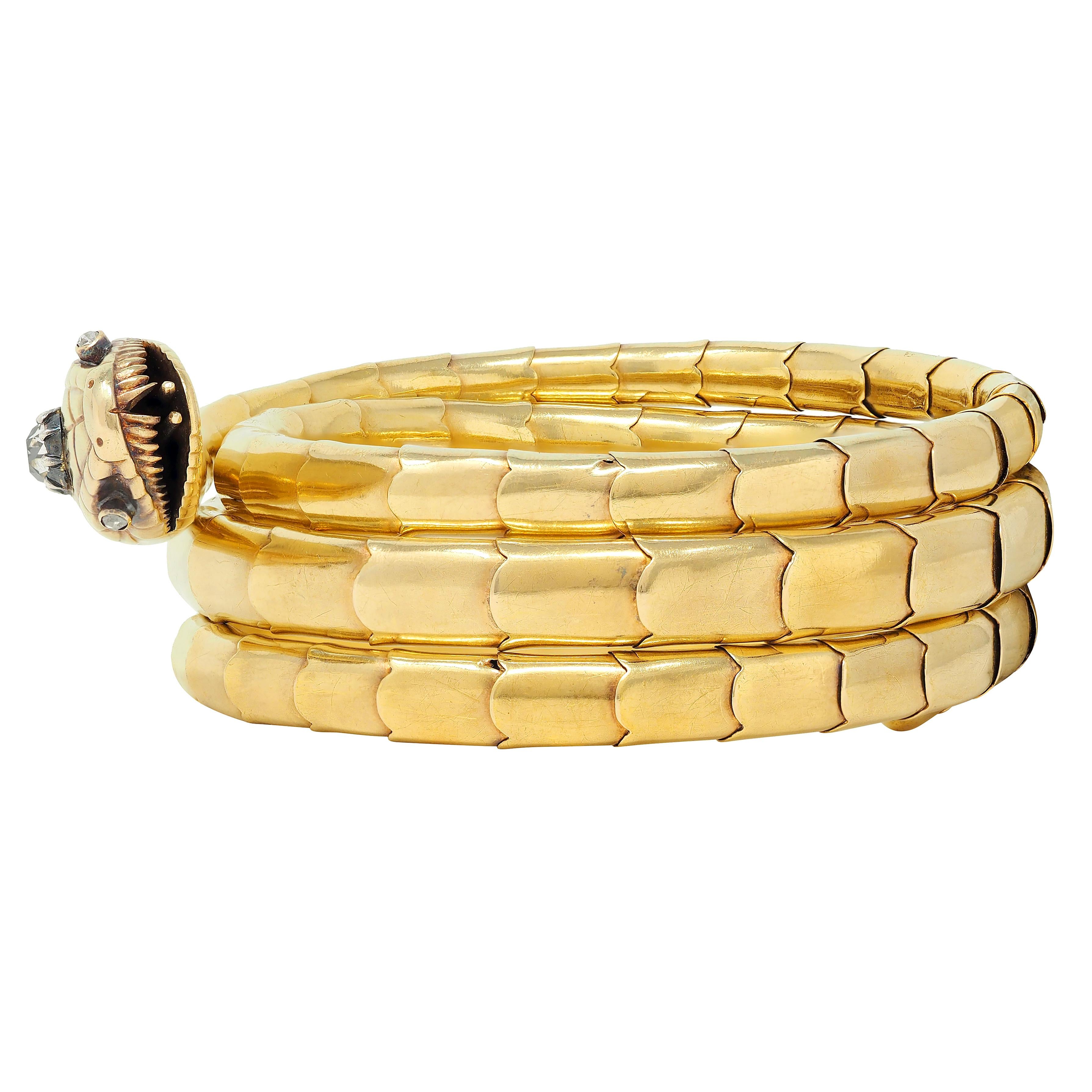 Victorian Diamond 18 Karat Yellow Gold Silver Antique Snake Wrap Bracelet