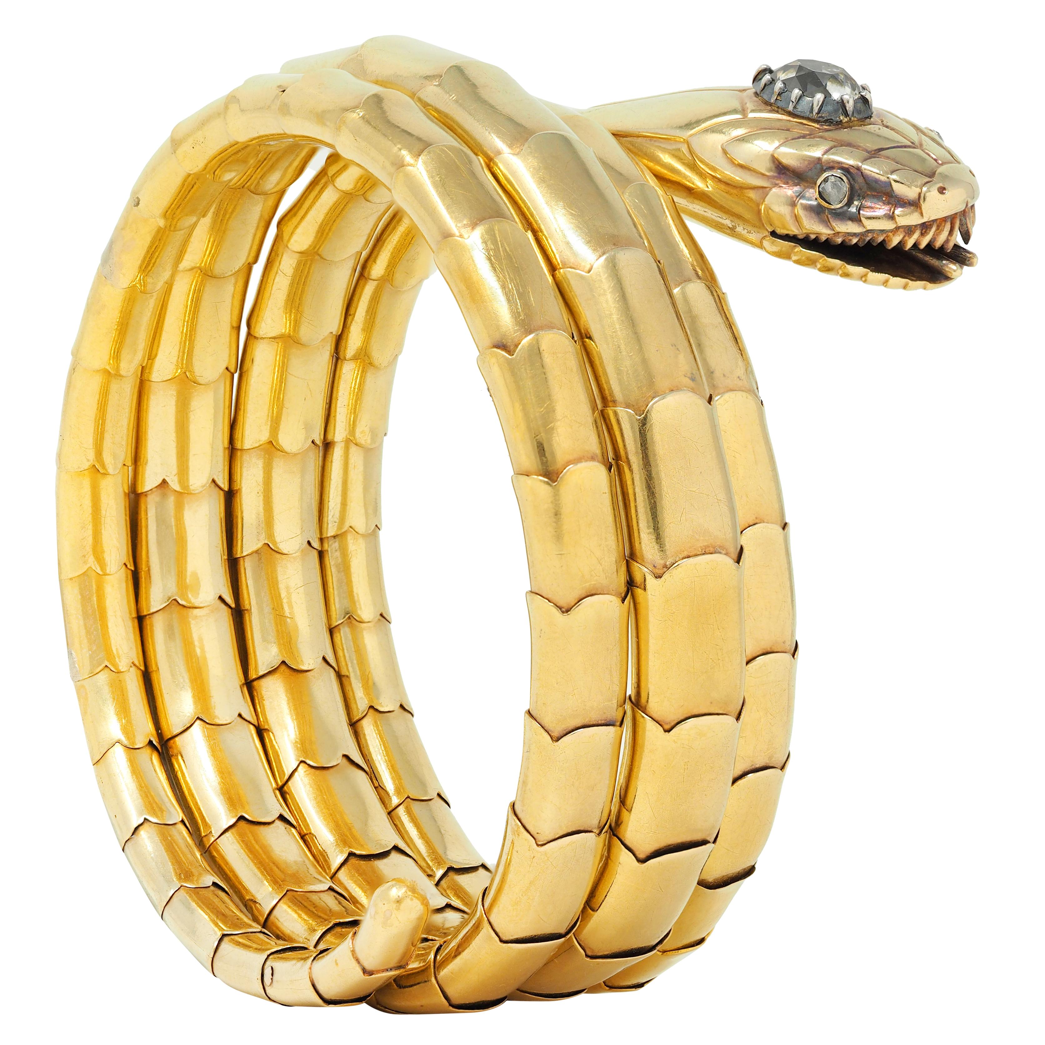 Victorian Diamond 18 Karat Yellow Gold Silver Antique Snake Wrap Bracelet