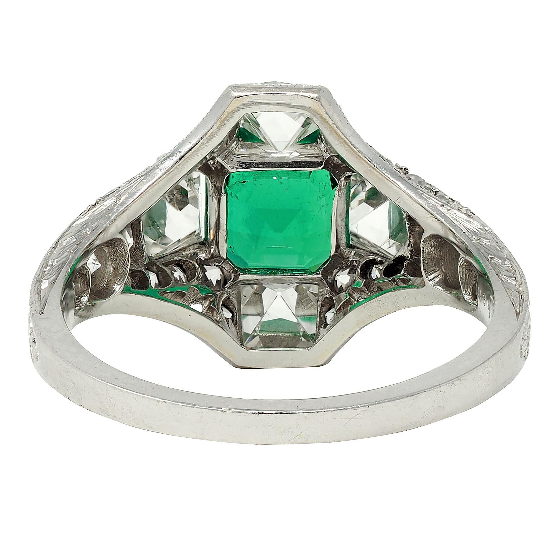 Tiffany & Co. Art Deco Emerald French Diamond Platinum Antique Quatrefoil Ring
