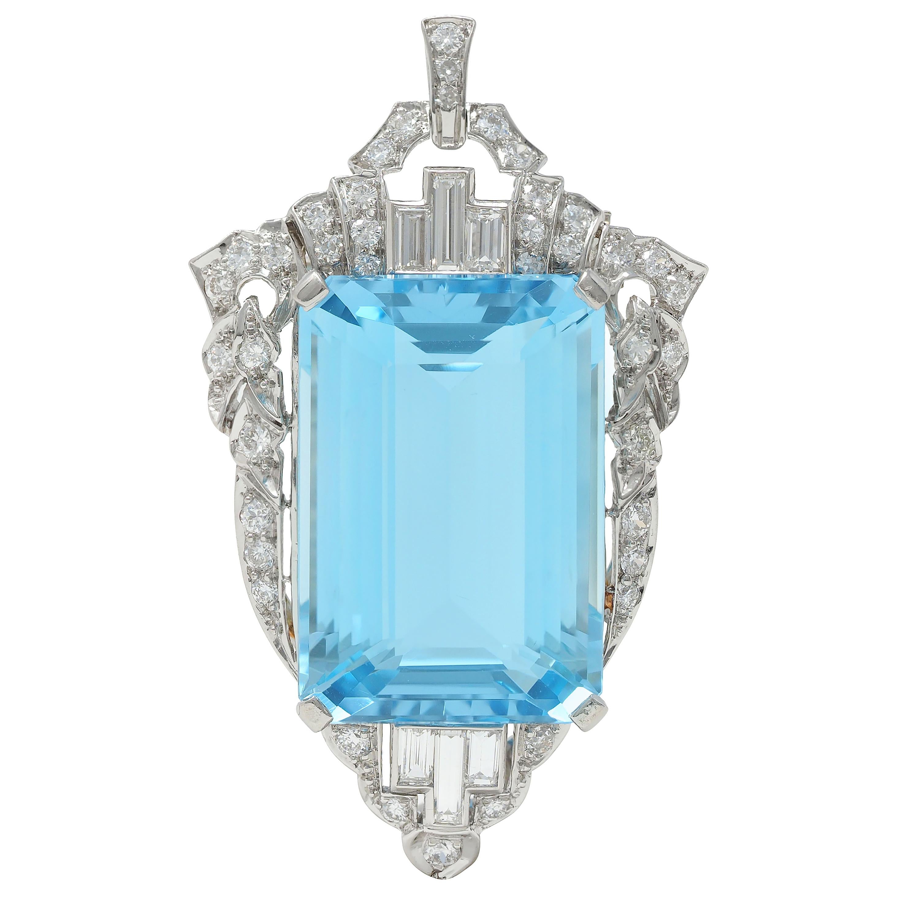 Late Art Deco 32.05 CTW Aquamarine Diamond Platinum Vintage Pendant Brooch
