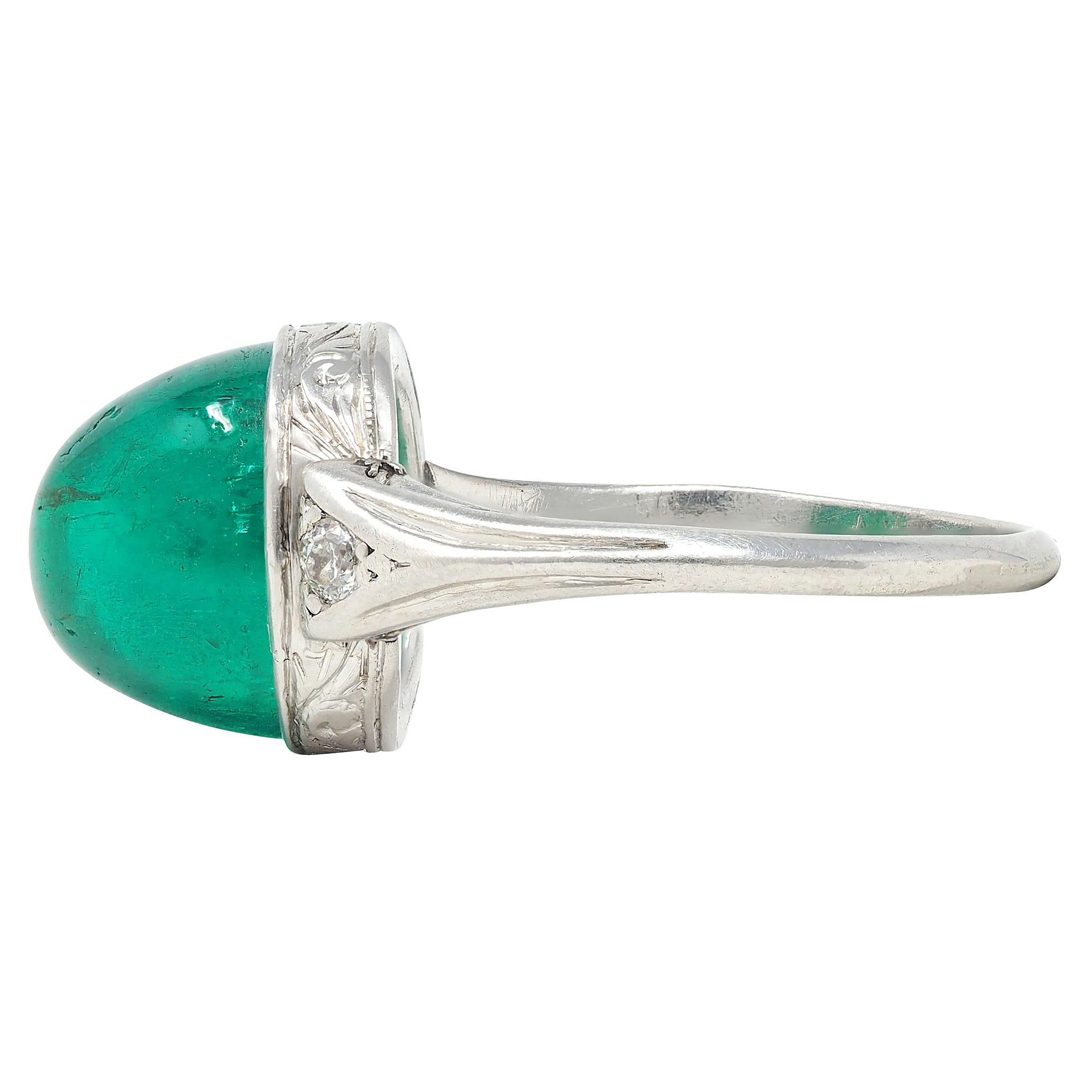 Art Deco 6.34 CTW Colombian Emerald Diamond Platinum Vintage Scrolling Ring AGL