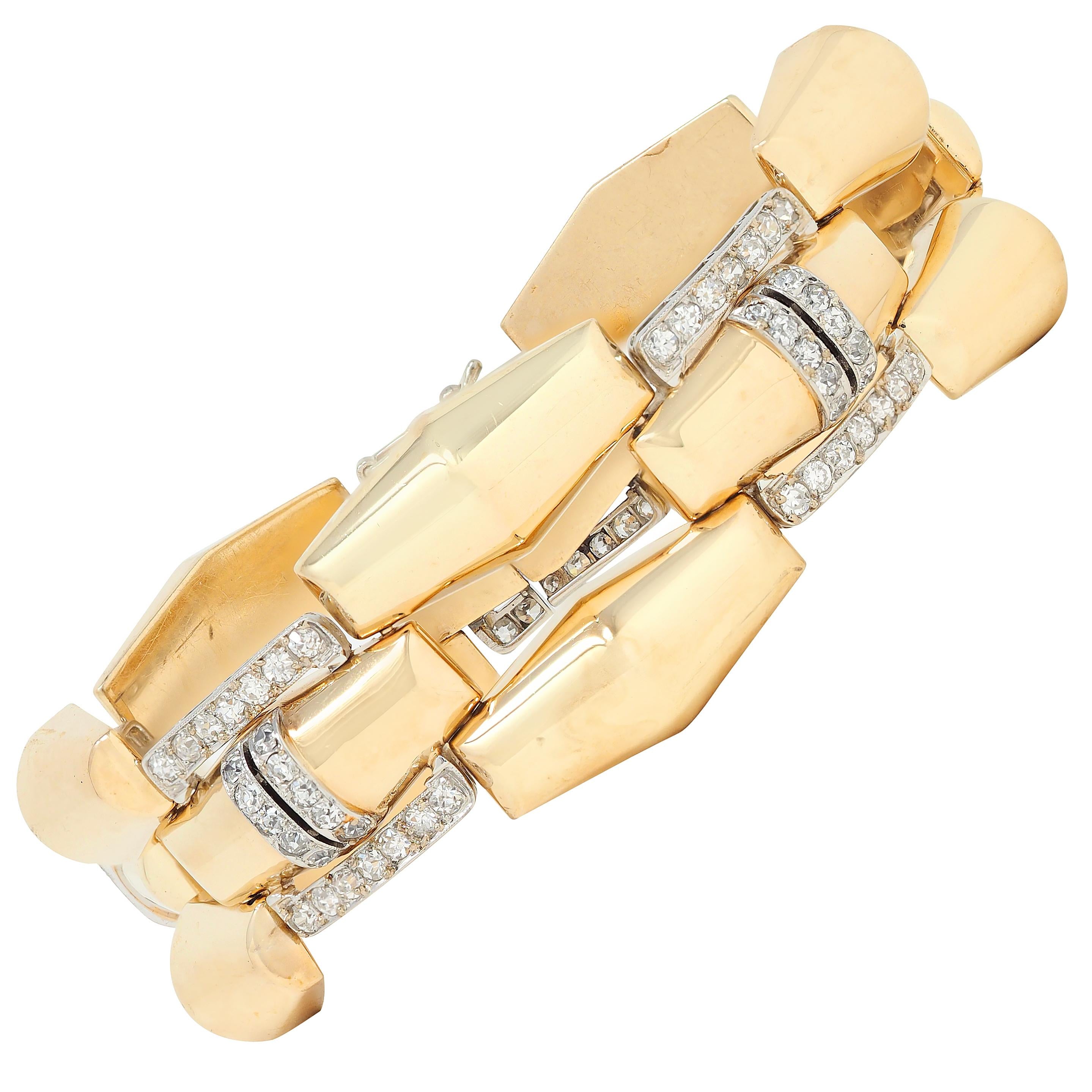 M.C. Mossalone Retro 4.30 CTW Diamond Platinum 14K Gold Vintage Tank Bracelet