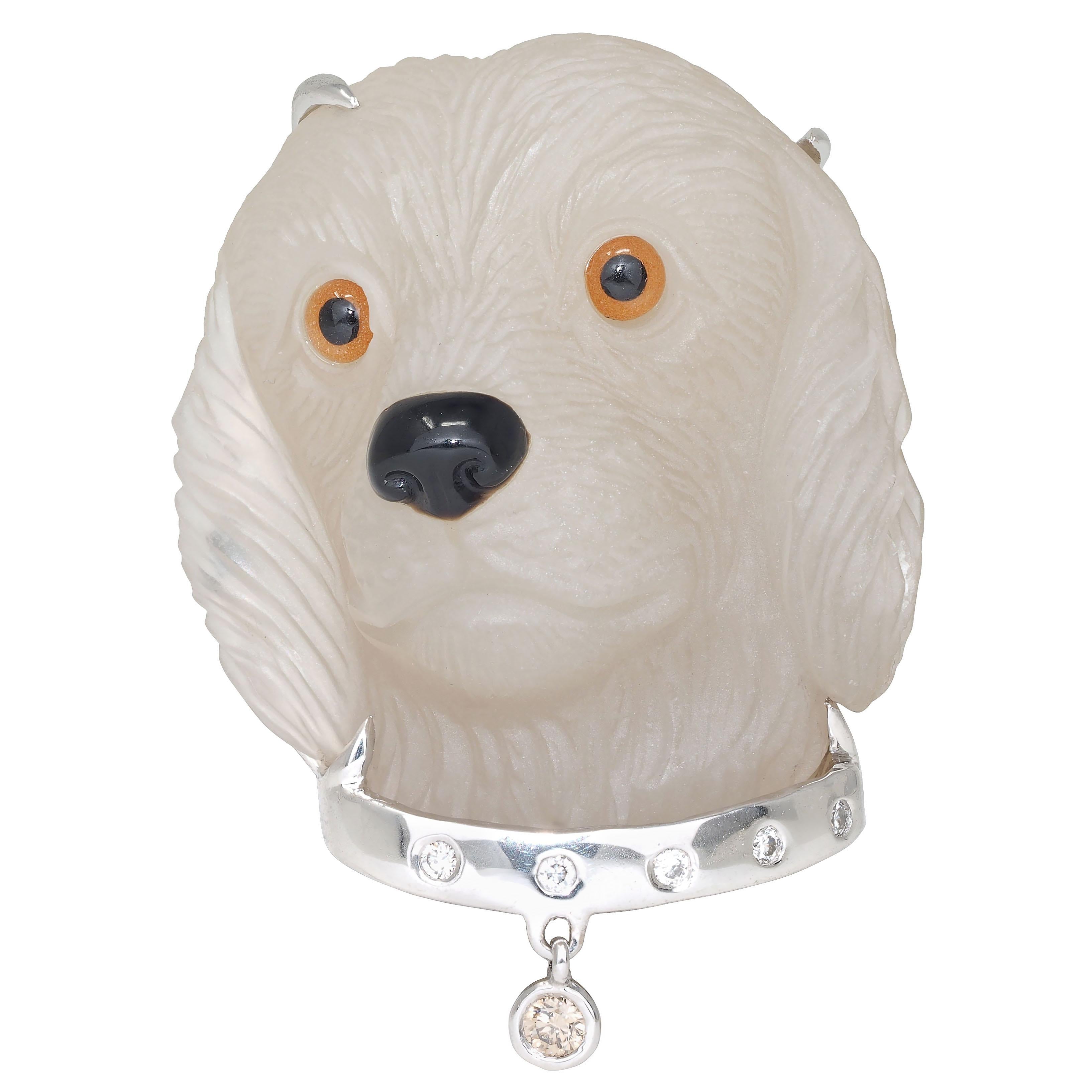 Contemporary Diamond Crystal Quartz 18 Karat White Gold Labrador Dog Brooch