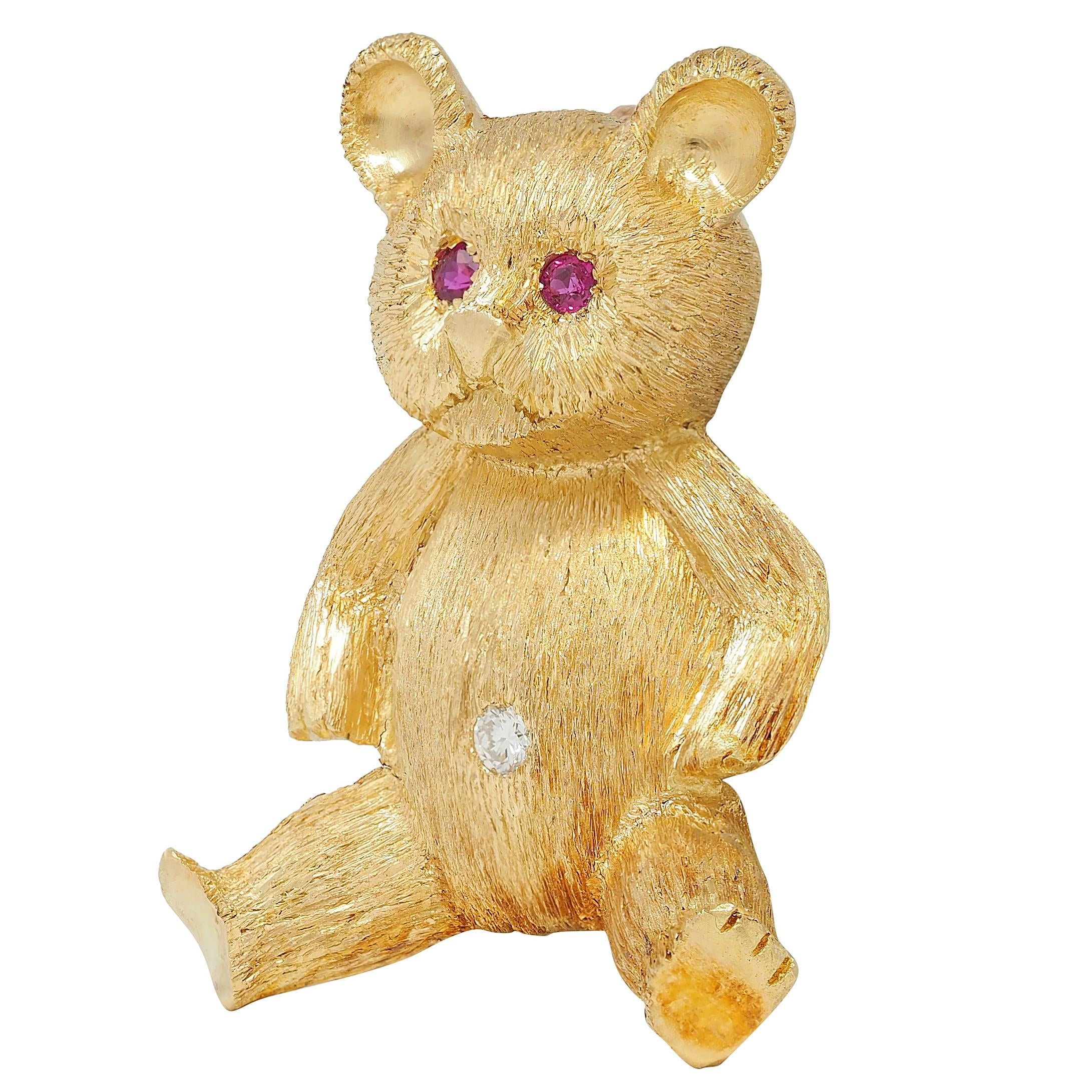 George Lederman 1960's Ruby Diamond 18K Yellow Gold Vintage Teddy Bear Brooch