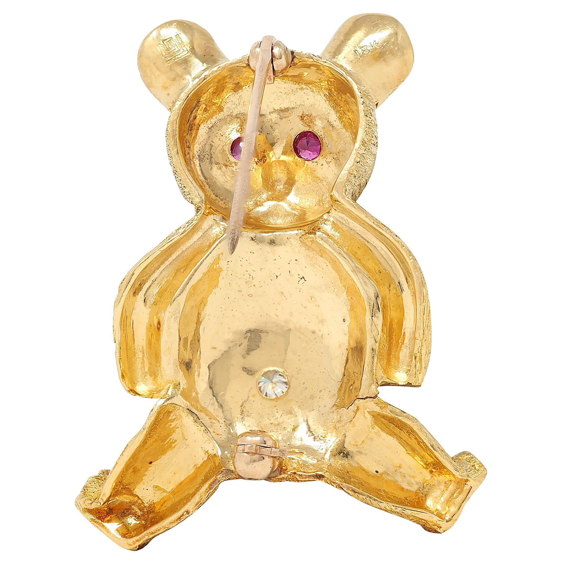 George Lederman 1960's Ruby Diamond 18K Yellow Gold Vintage Teddy Bear Brooch