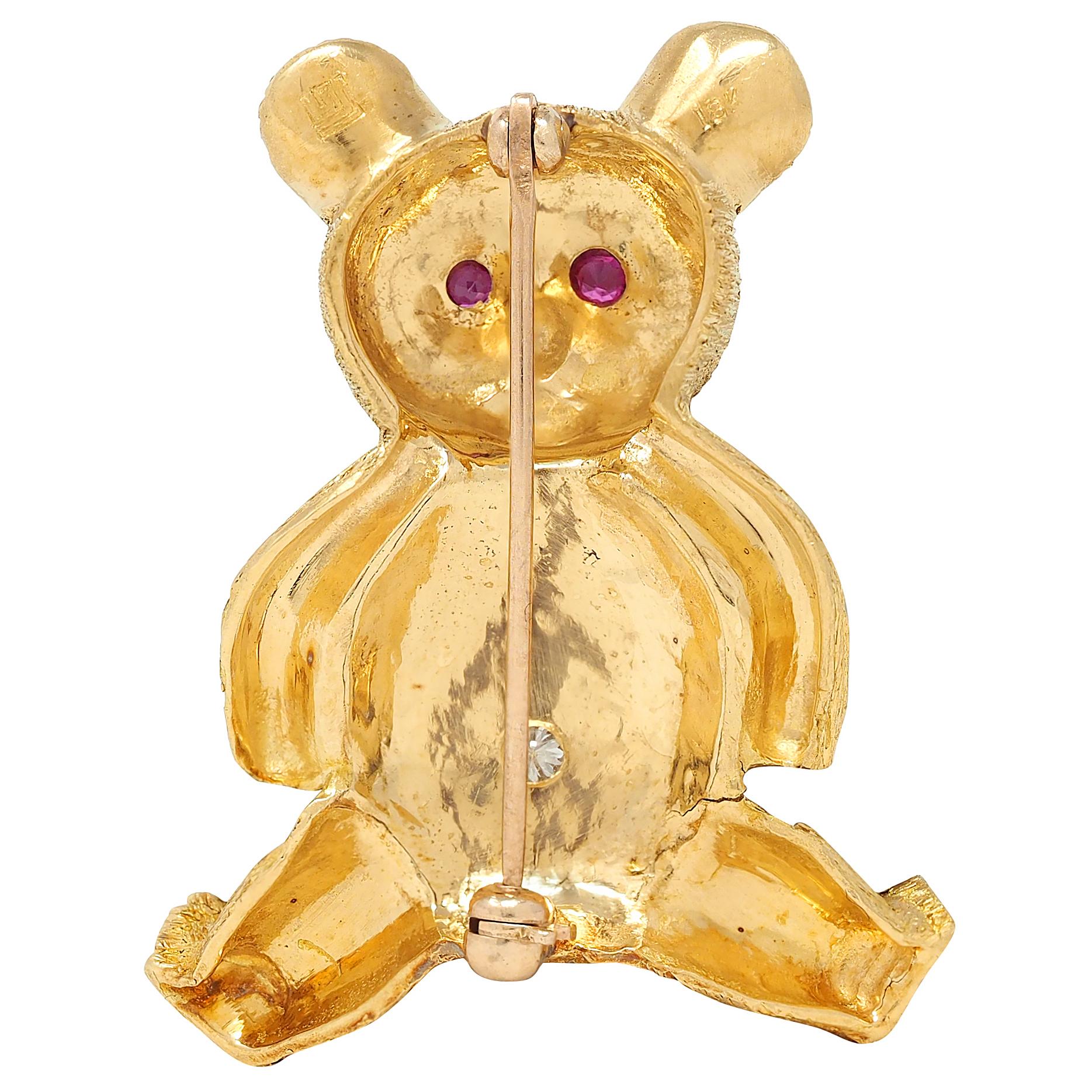 George Lederman 1960's Ruby Diamond 18K Yellow Gold Vintage Teddy Bear Brooch