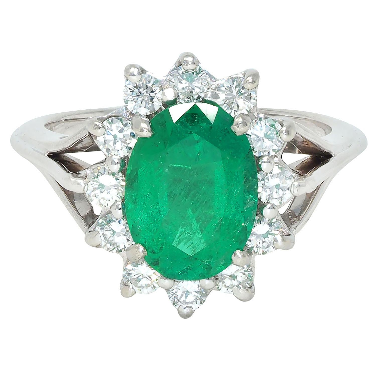 Mid-Century 2.80 CTW Emerald Diamond 14 Karat White Gold Vintage Halo Ring