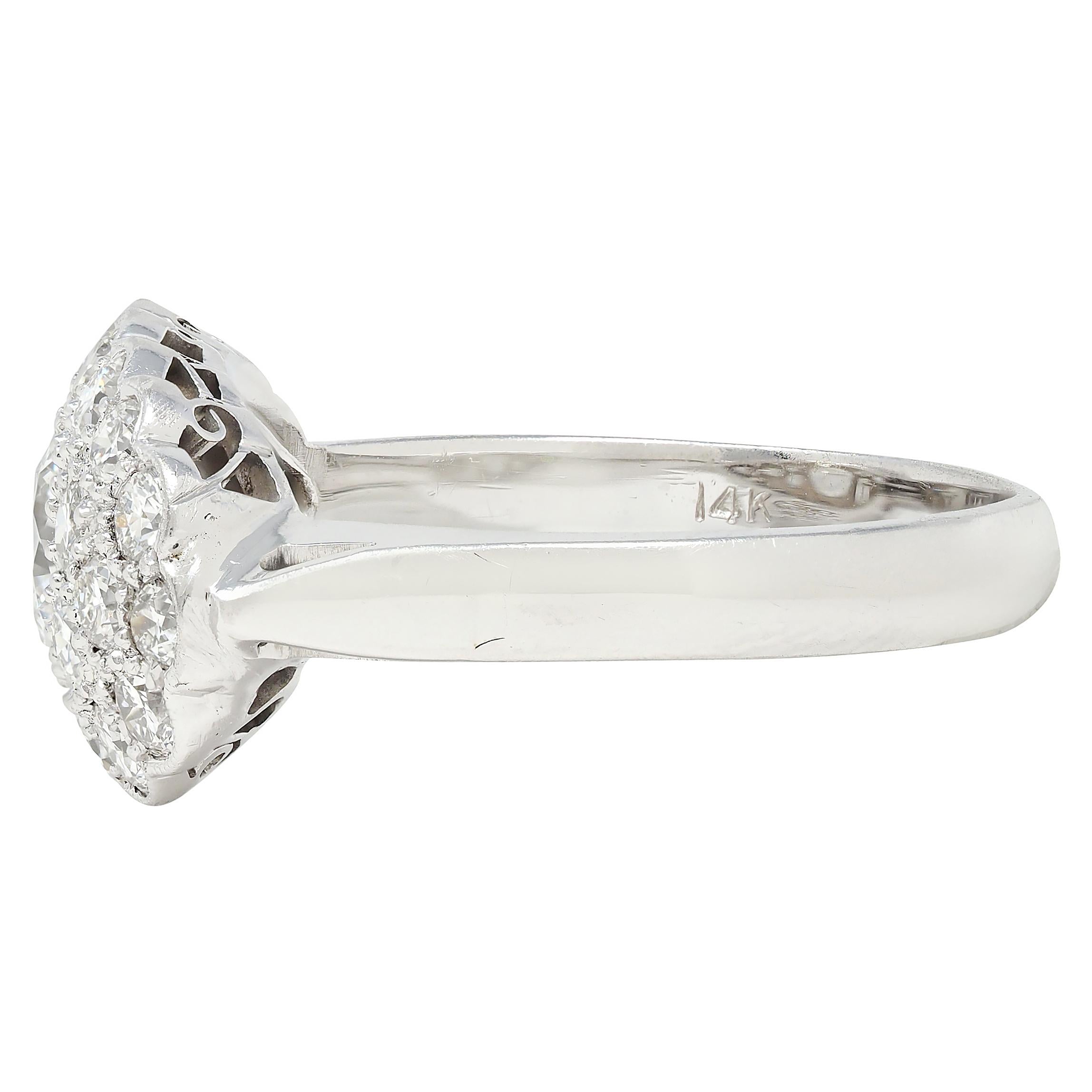 Mid-Century 2.12 CTW Diamond 14 Karat White Gold Vintage Cluster Ring