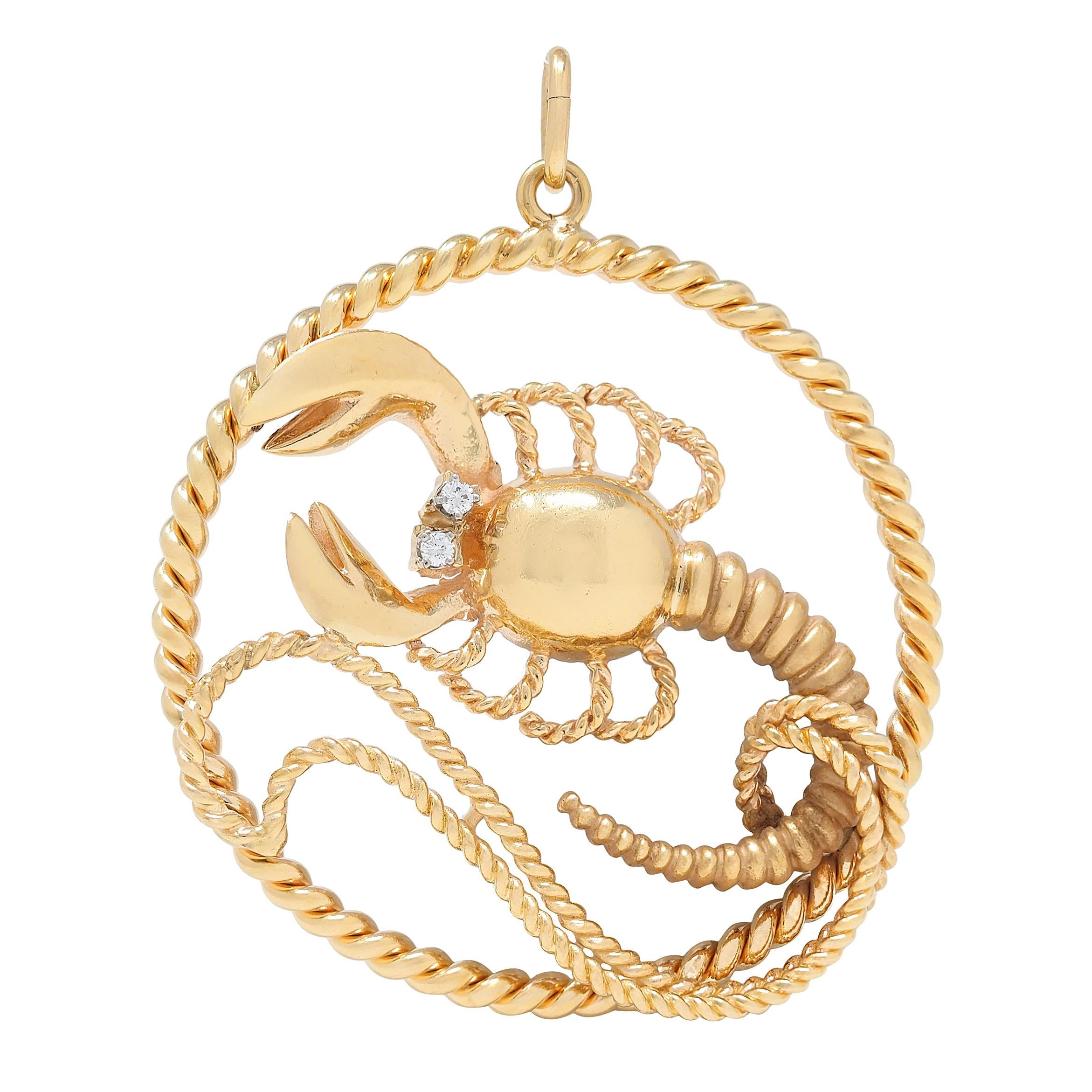Larter & Sons 1950's Diamond 14 Karat Yellow Vintage Scorpio Zodiac Pendant