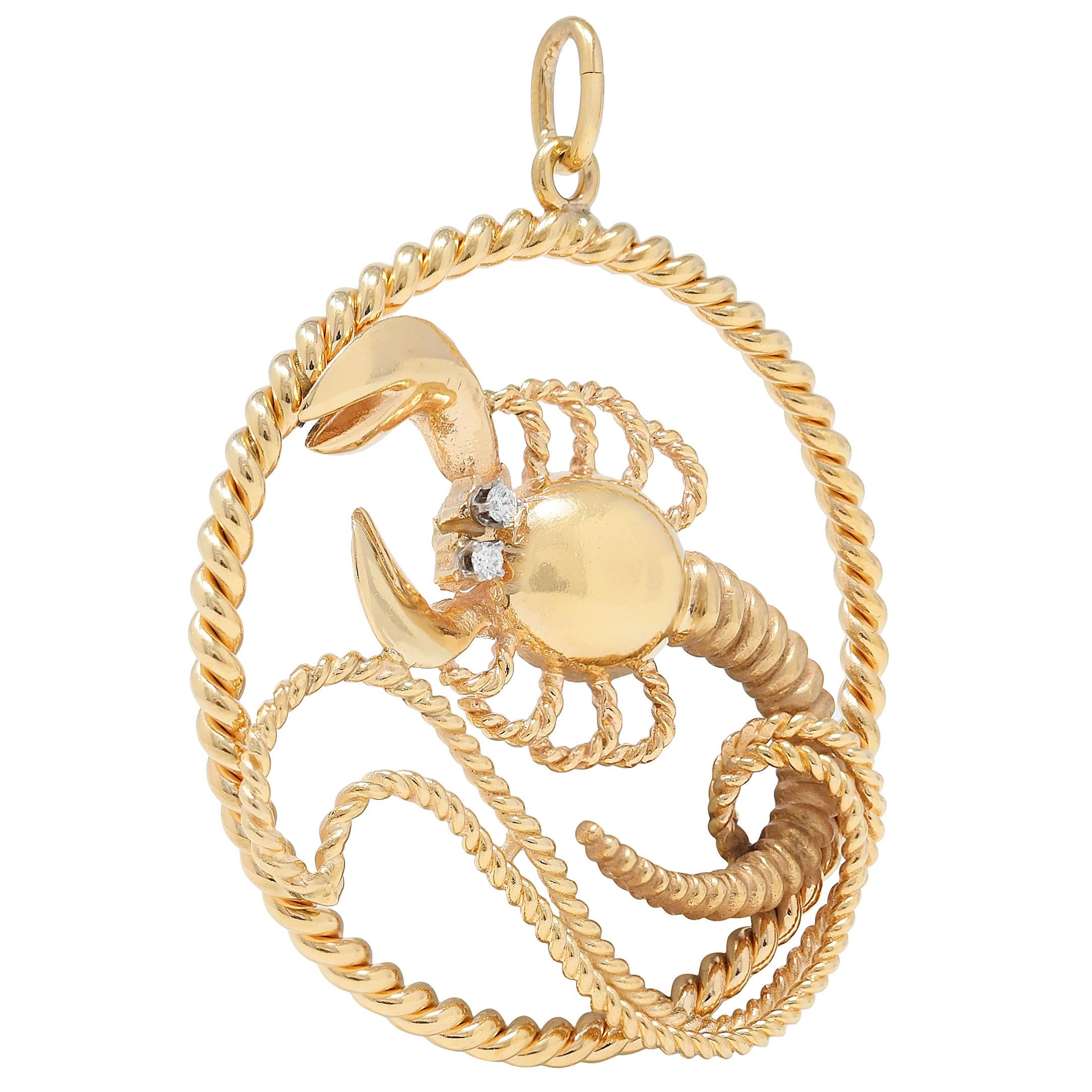 Larter & Sons 1950's Diamond 14 Karat Yellow Vintage Scorpio Zodiac Pendant
