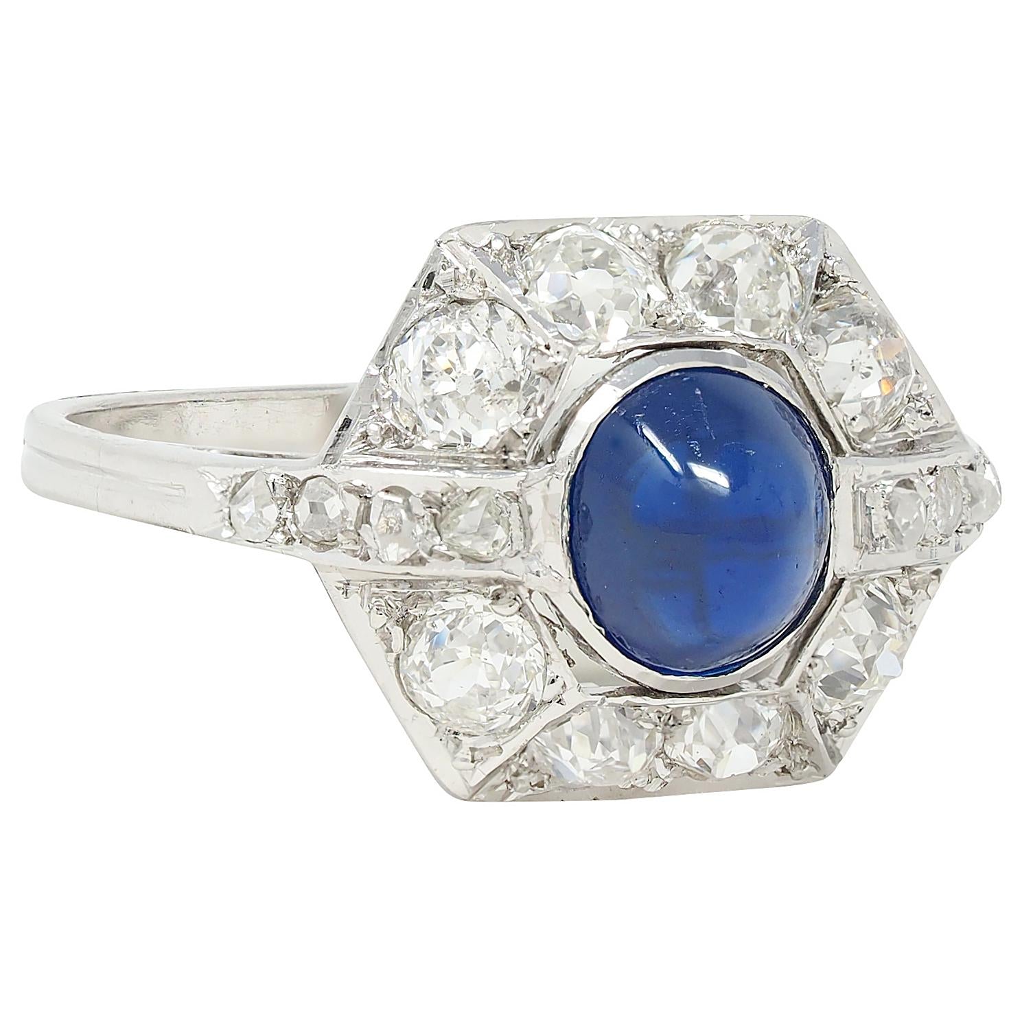 French Art Deco No Heat Sapphire Diamond Platinum Vintage Cluster Ring GIA