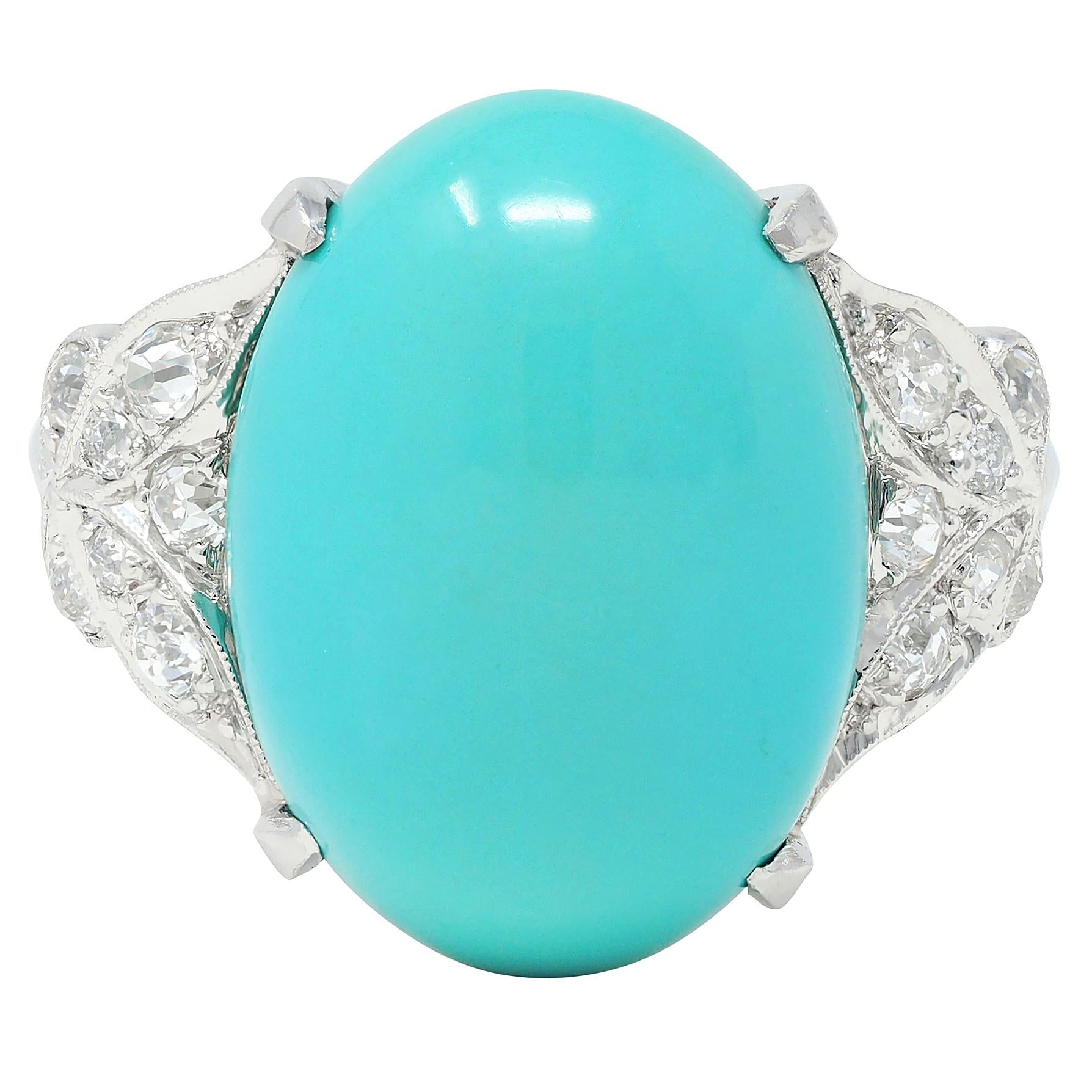 Mid-Century Turquoise Diamond Platinum Vintage Butterfly Cocktail Ring