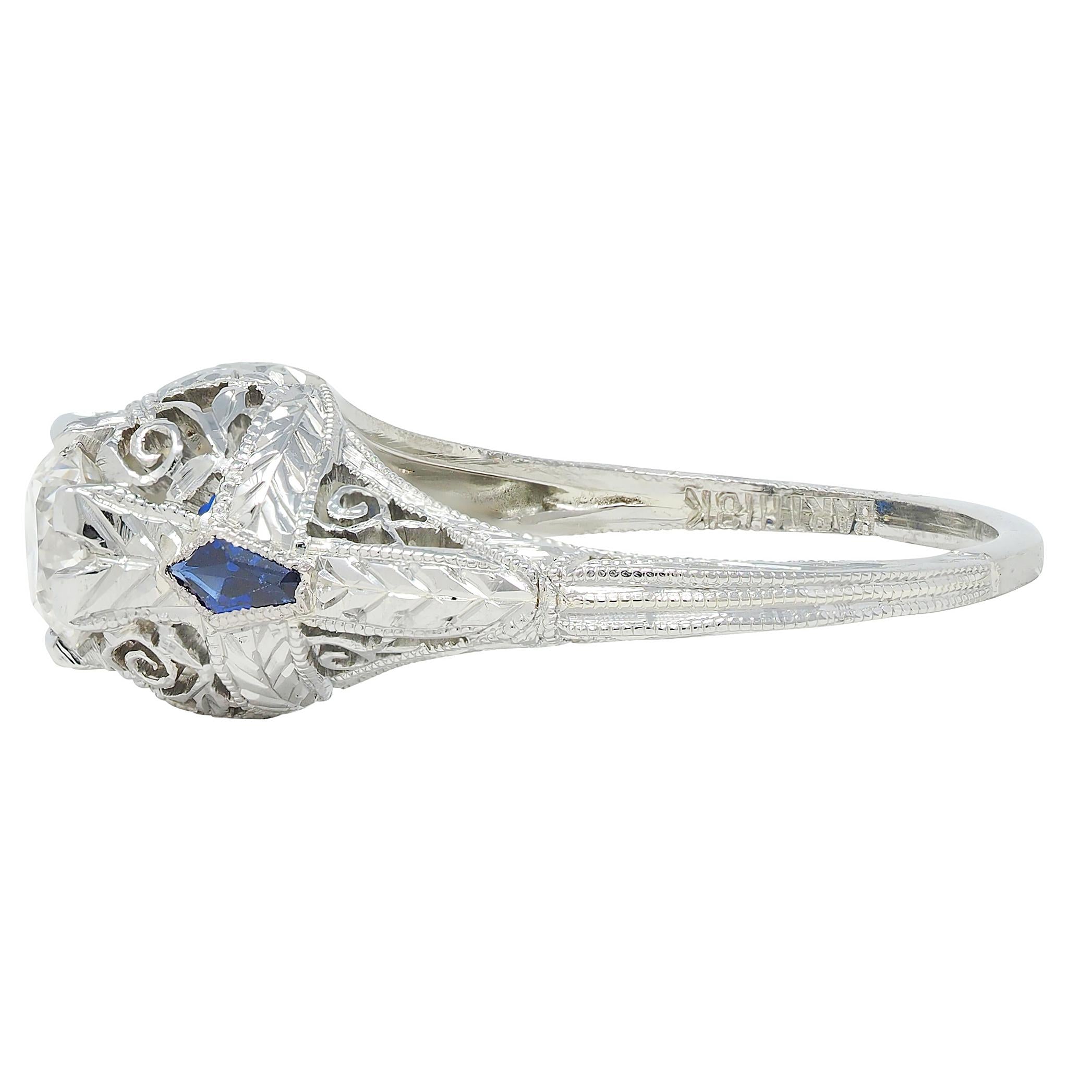 Art Deco European Cut Diamond 18 Karat White Gold Vintage Scroll Engagement Ring