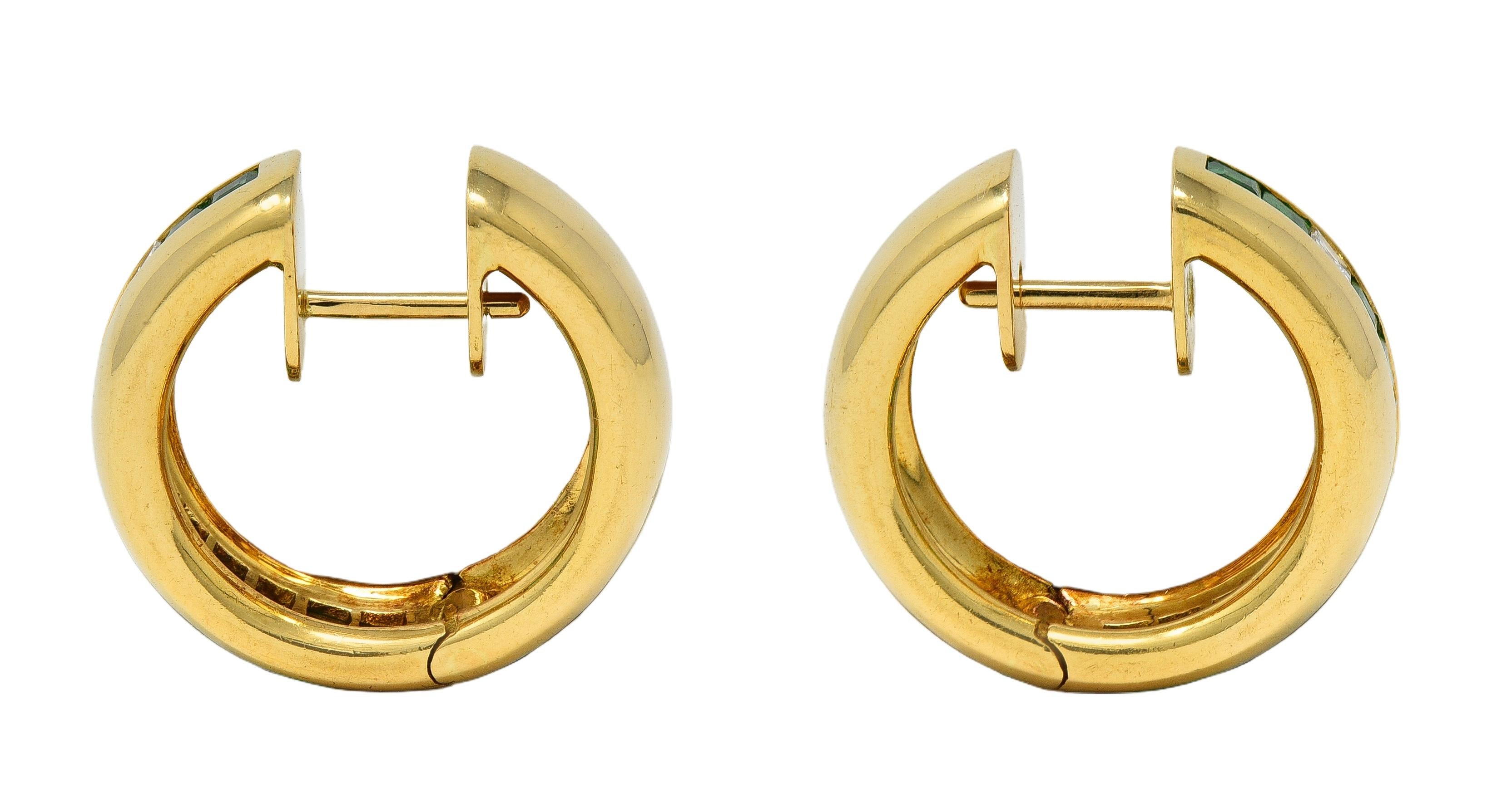 Contemporary Diamond Emerald 18 Karat Yellow Gold Huggie Hoop Earrings