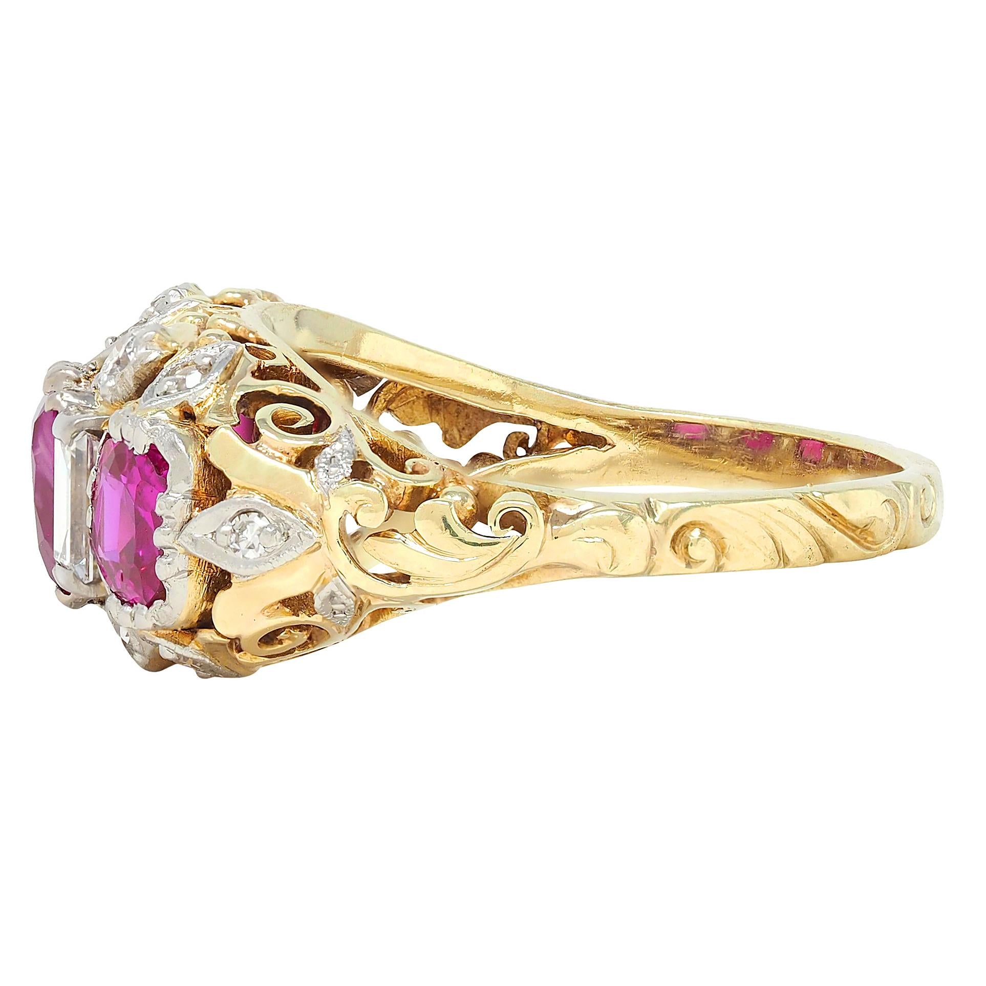 Edwardian 3.00 CTW Diamond Ruby Platinum 14K Gold Antique Scroll Band Ring GIA