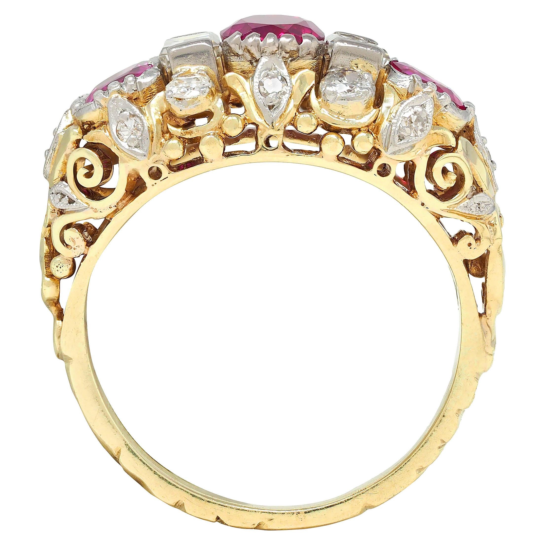 Edwardian 3.00 CTW Diamond Ruby Platinum 14K Gold Antique Scroll Band Ring GIA