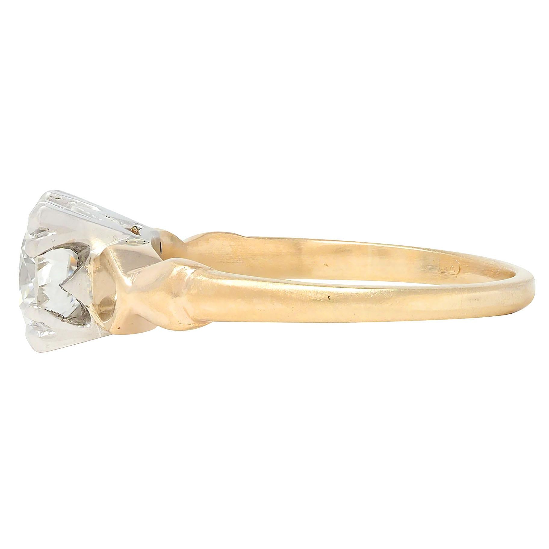 Retro 1.02 CTW Transitional Cut Platinum 14K Yellow Gold Vintage Engagement Ring
