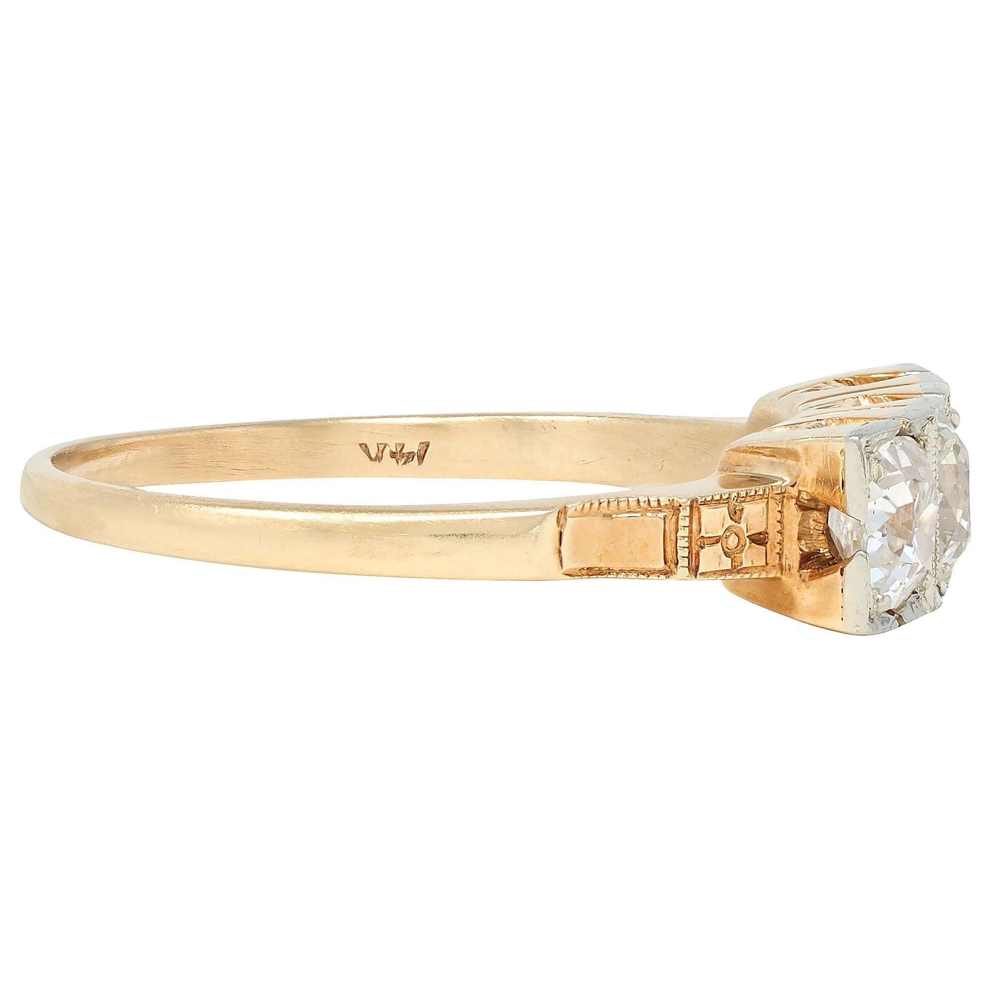 Retro 0.75 CTW Old Mine Platinum 14 Karat Yellow Gold Vintage Three Stone Ring