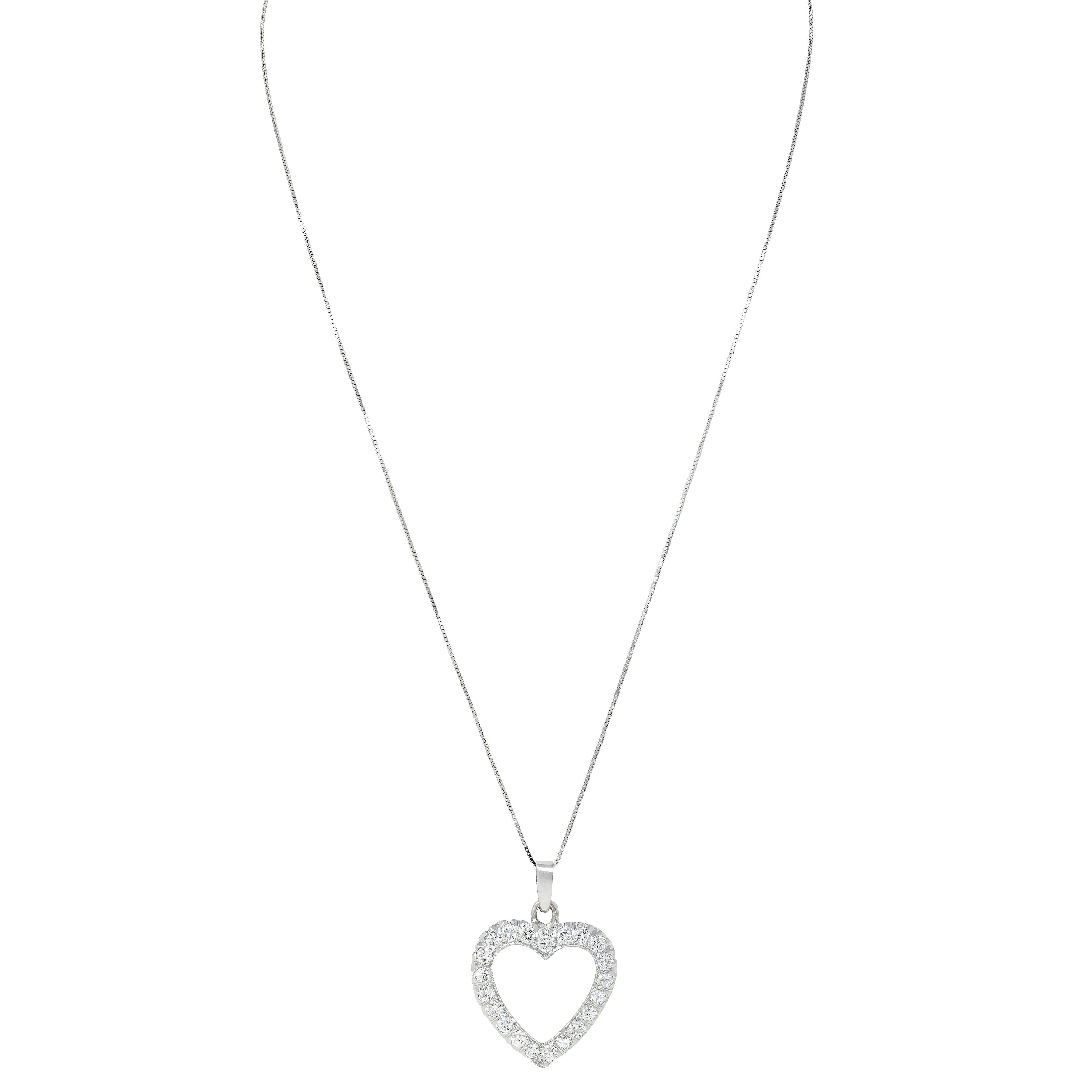 1950's 2.10 CTW Diamond 14 Karat White Gold Vintage Heart Pendant Necklace