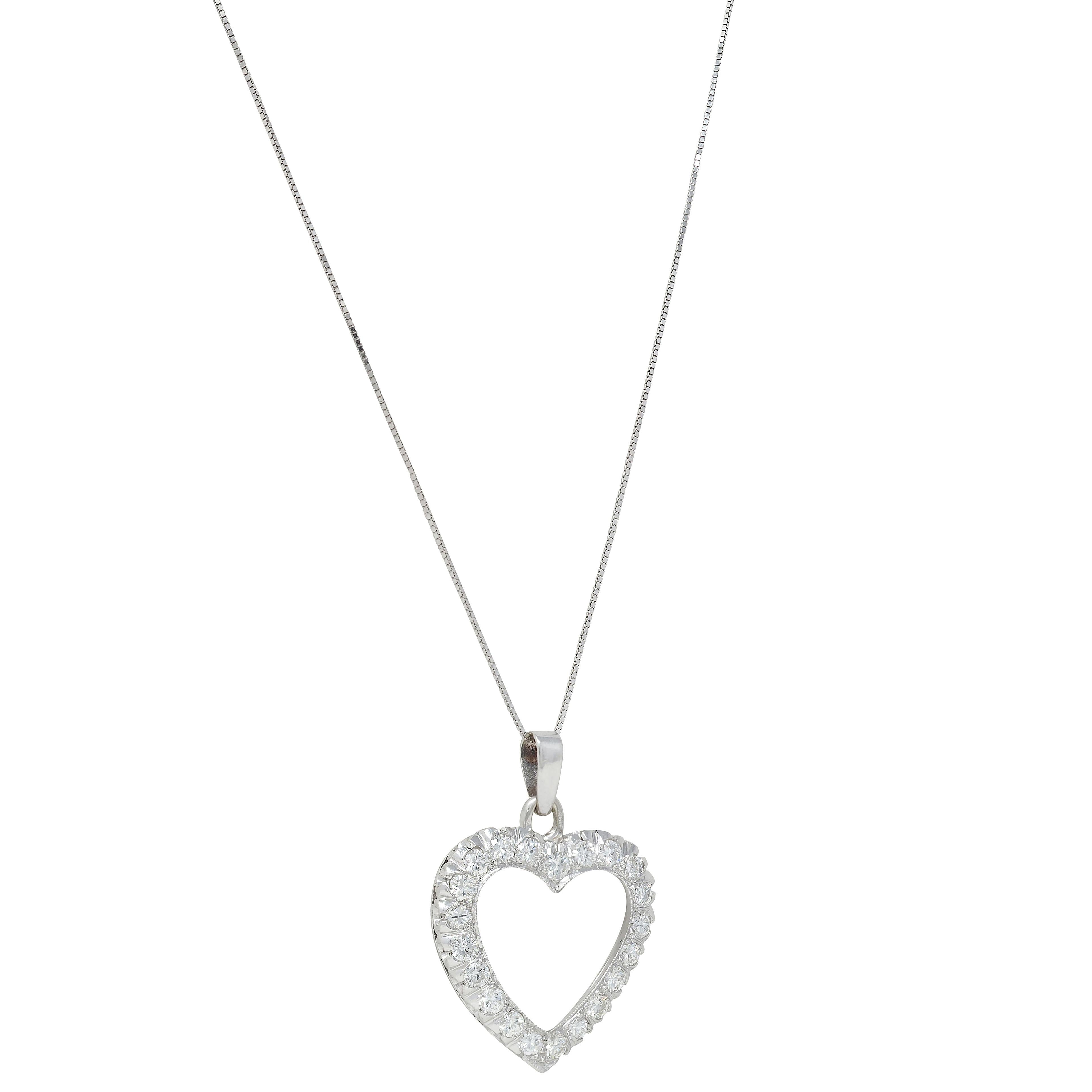 1950's 2.10 CTW Diamond 14 Karat White Gold Vintage Heart Pendant Necklace
