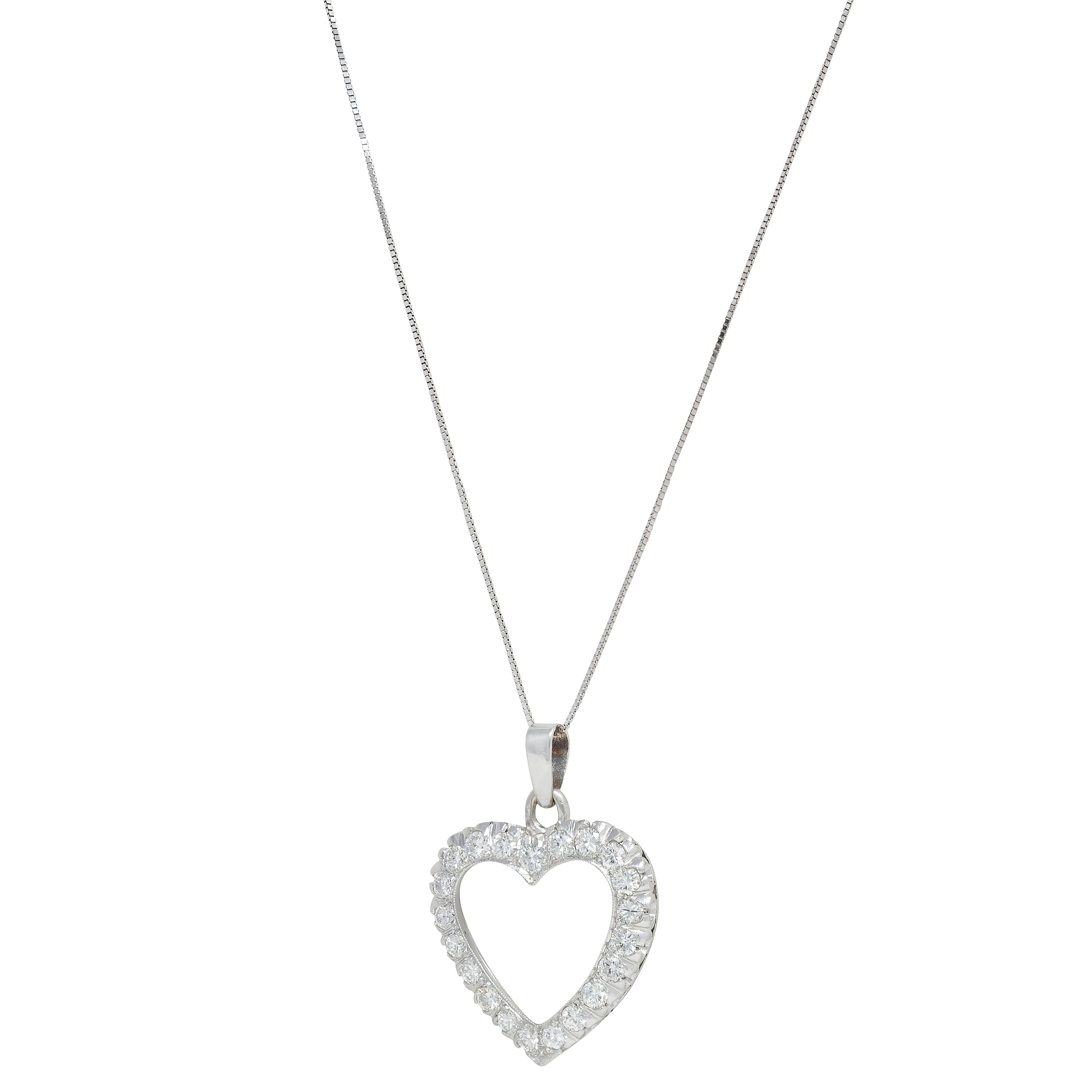 1950's 2.10 CTW Diamond 14 Karat White Gold Vintage Heart Pendant Necklace