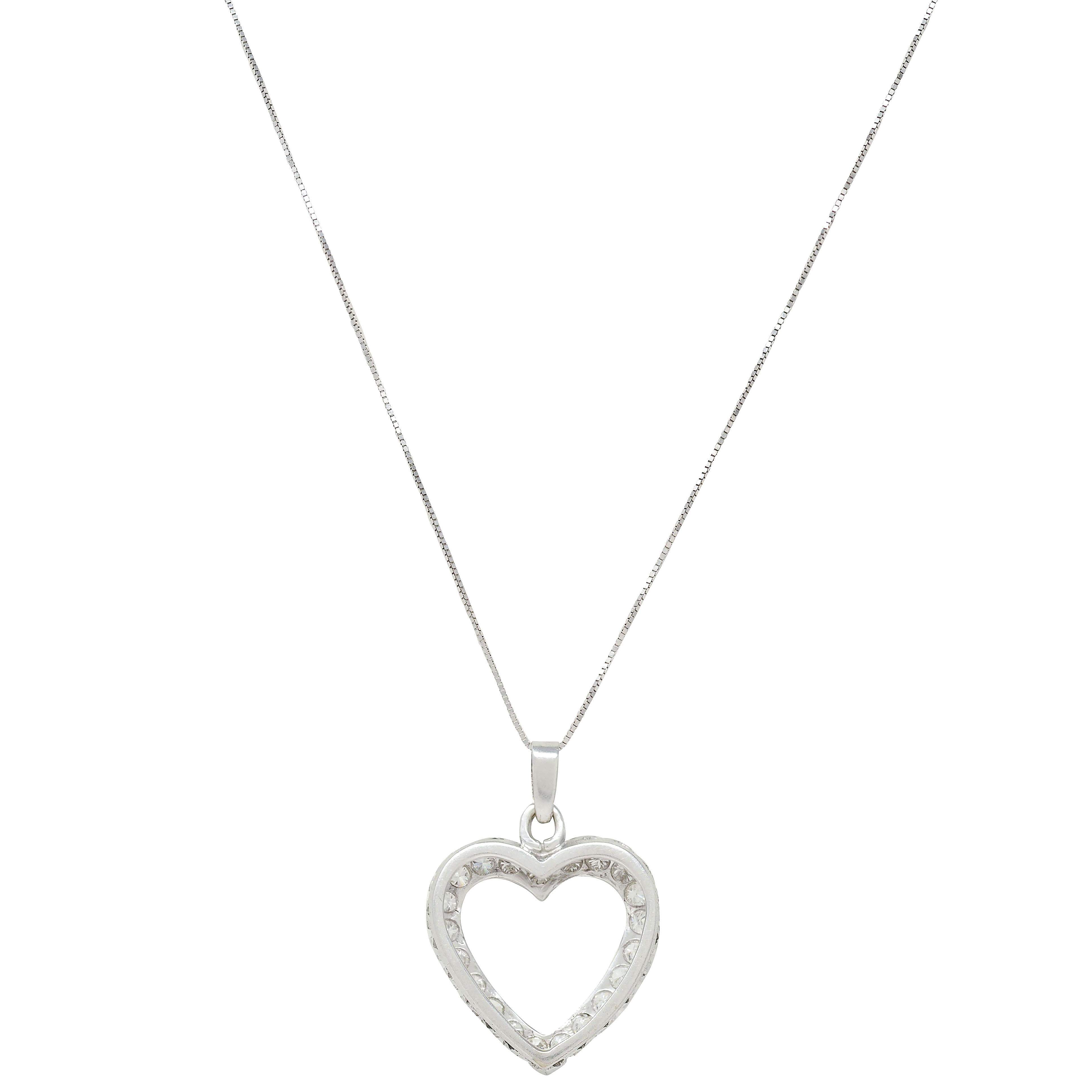 1950's 2.10 CTW Diamond 14 Karat White Gold Vintage Heart Pendant Necklace