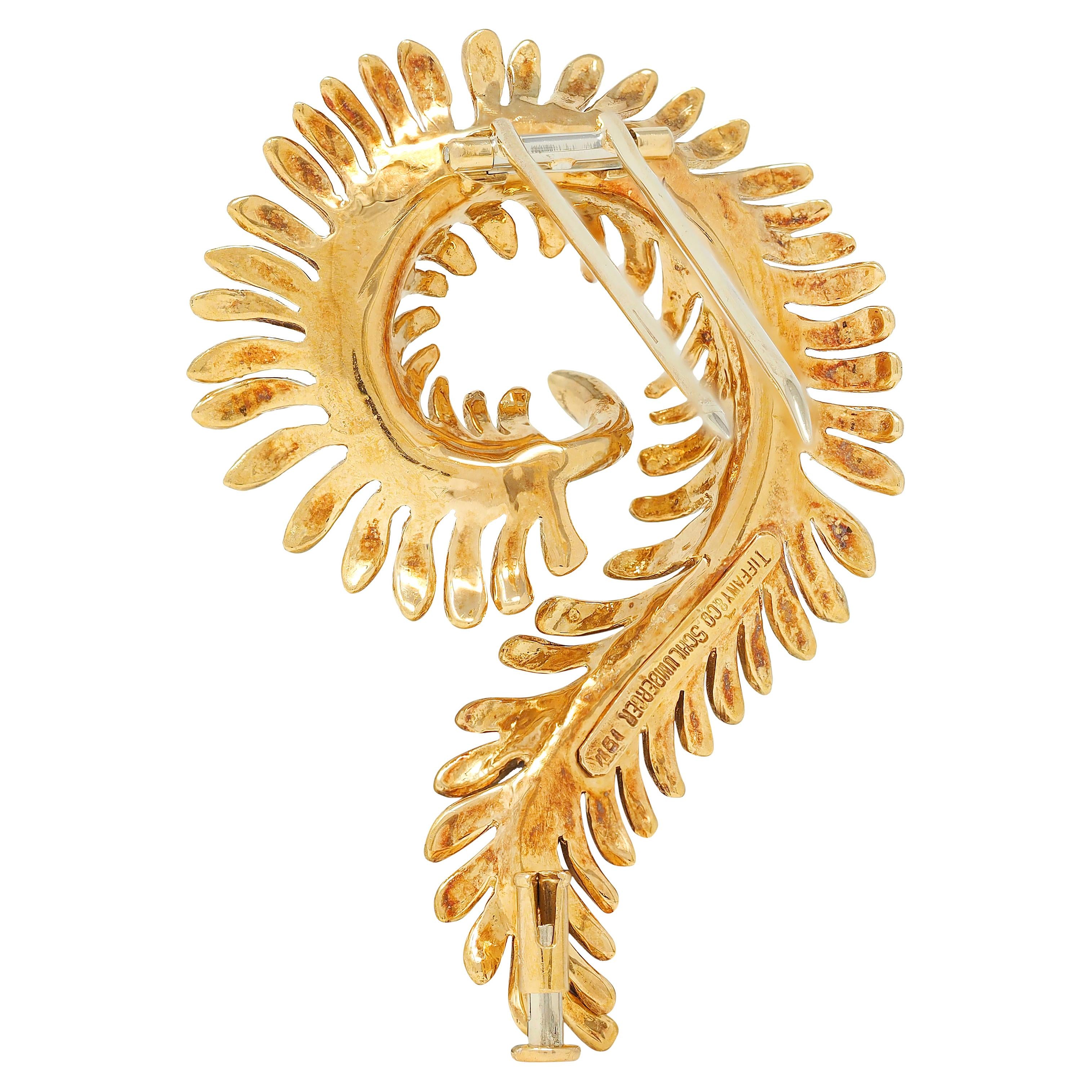 Tiffany & Co. Schlumberger 1960's 18 Karat Yellow Gold Vintage Feather Brooch