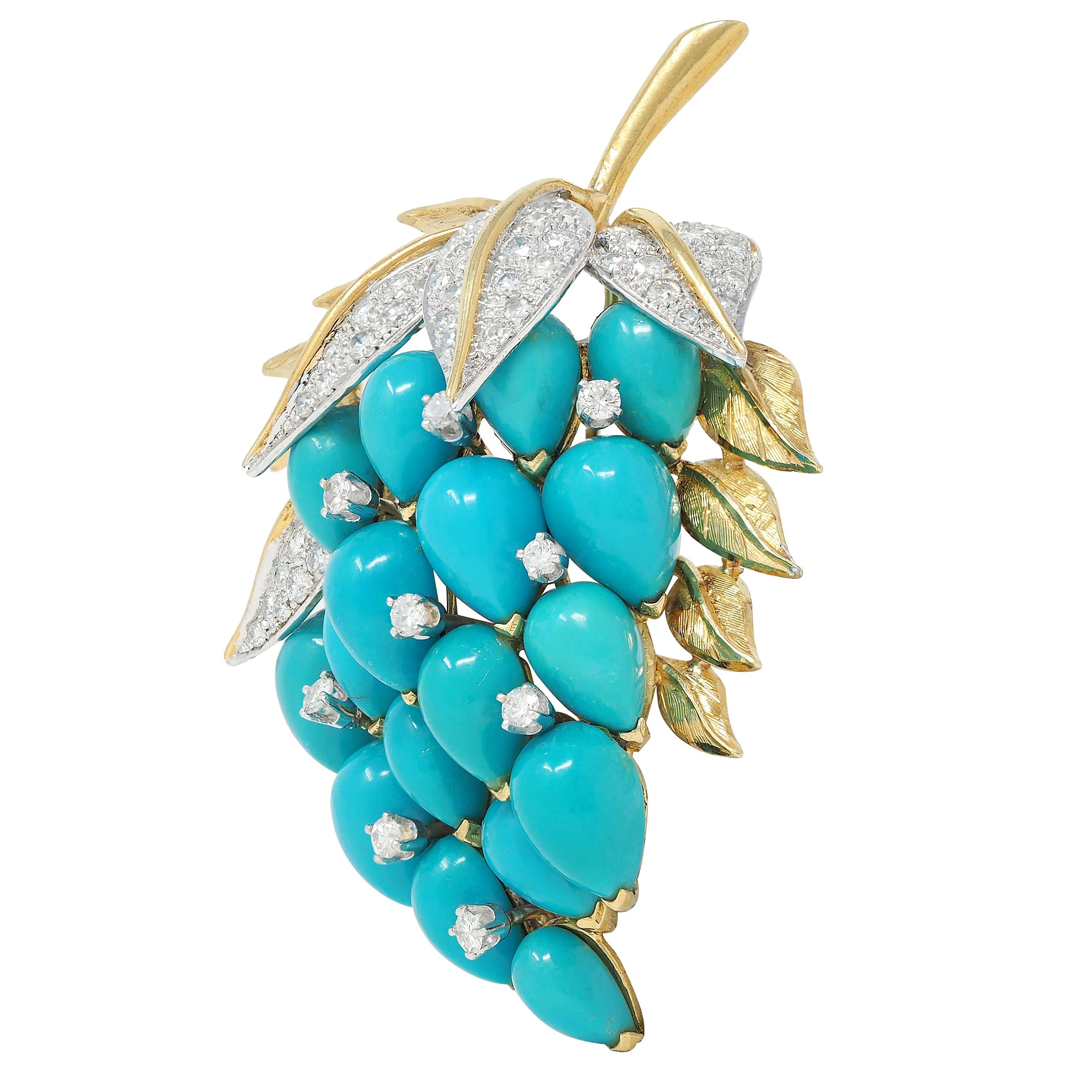 1960's Diamond Turquoise Platinum 18 Karat Yellow Gold Vintage Grape Brooch