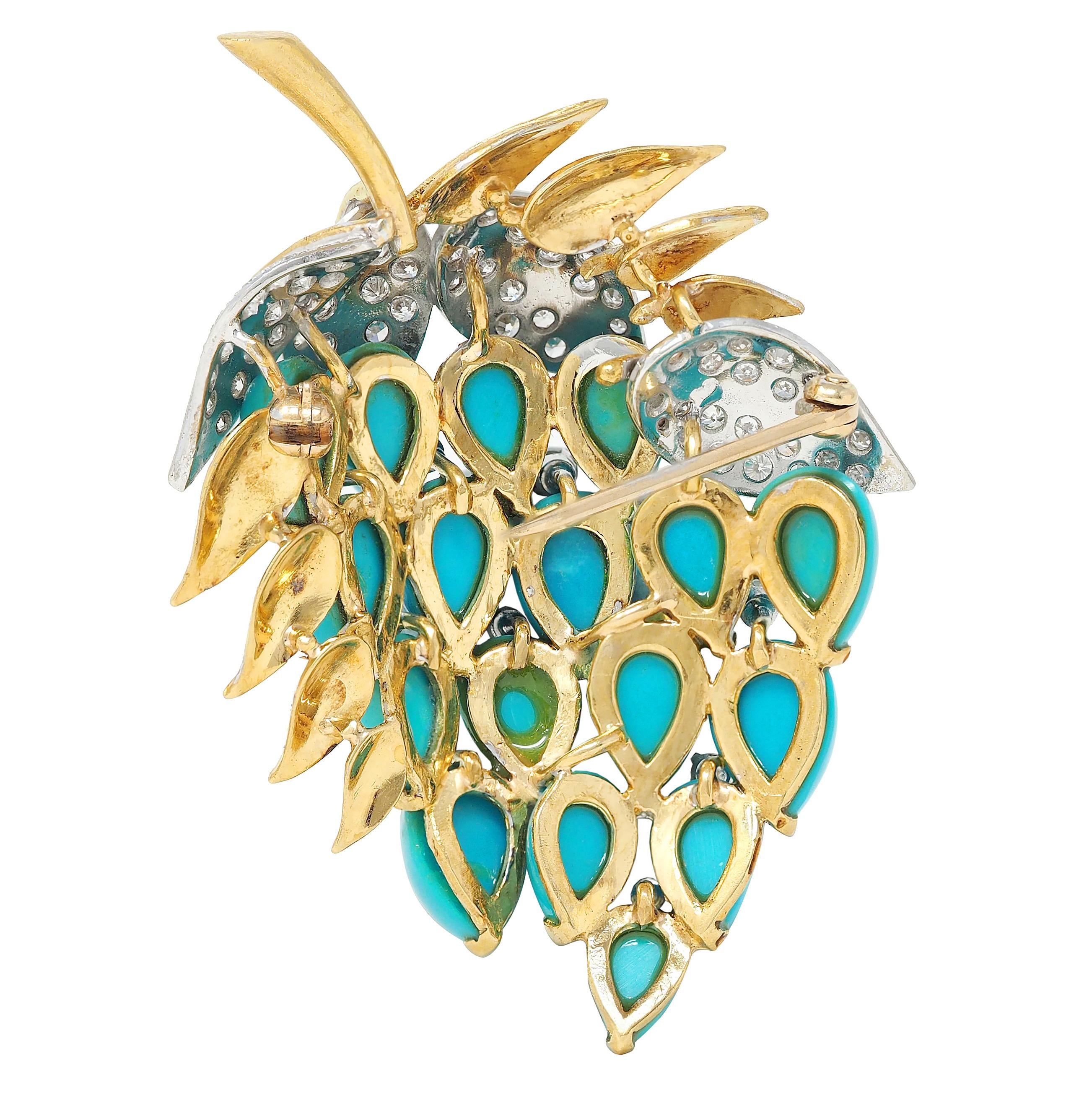 1960's Diamond Turquoise Platinum 18 Karat Yellow Gold Vintage Grape Brooch