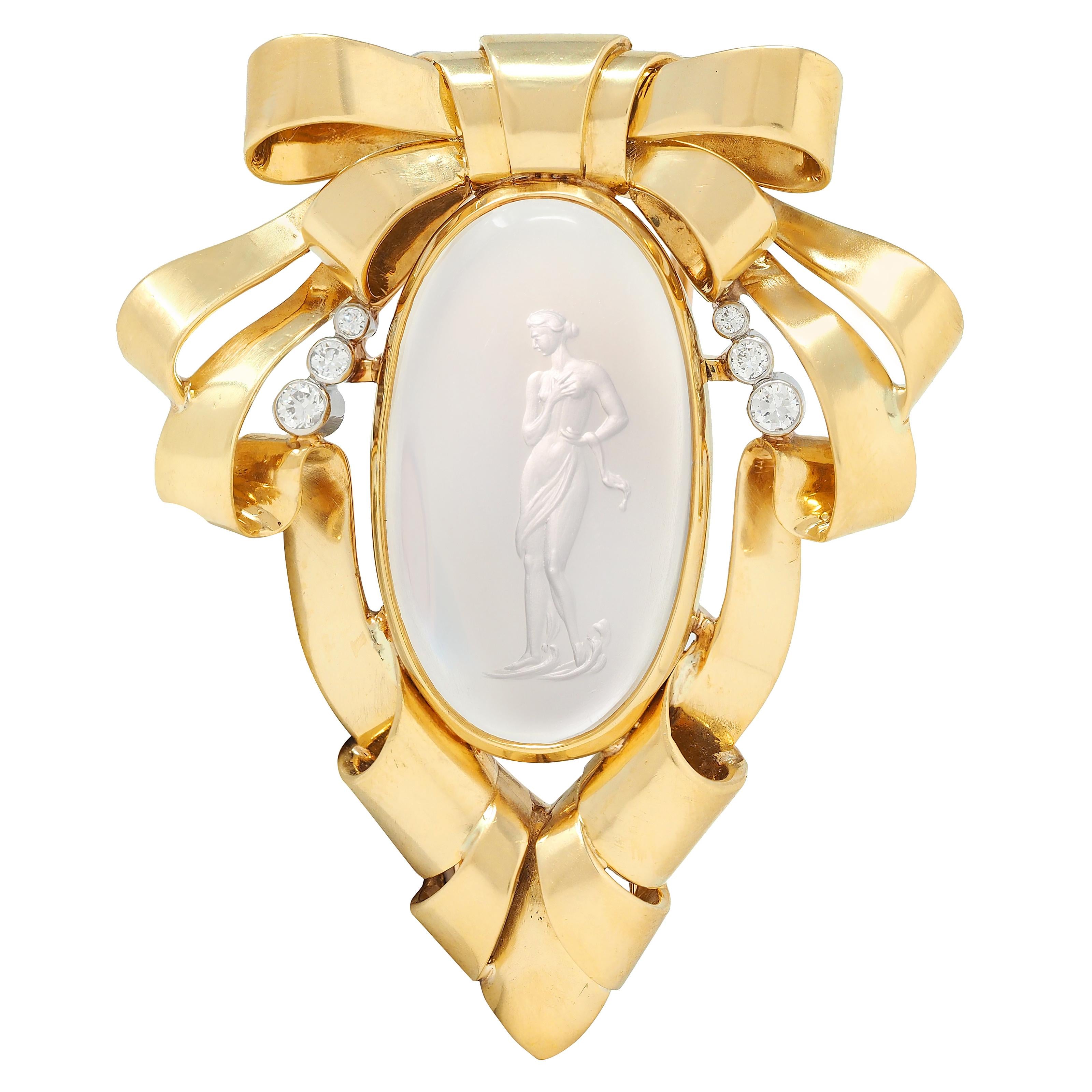 Retro Moonstone Intaglio Diamond Platinum 18K Yellow Gold Vintage Ribbon Brooch