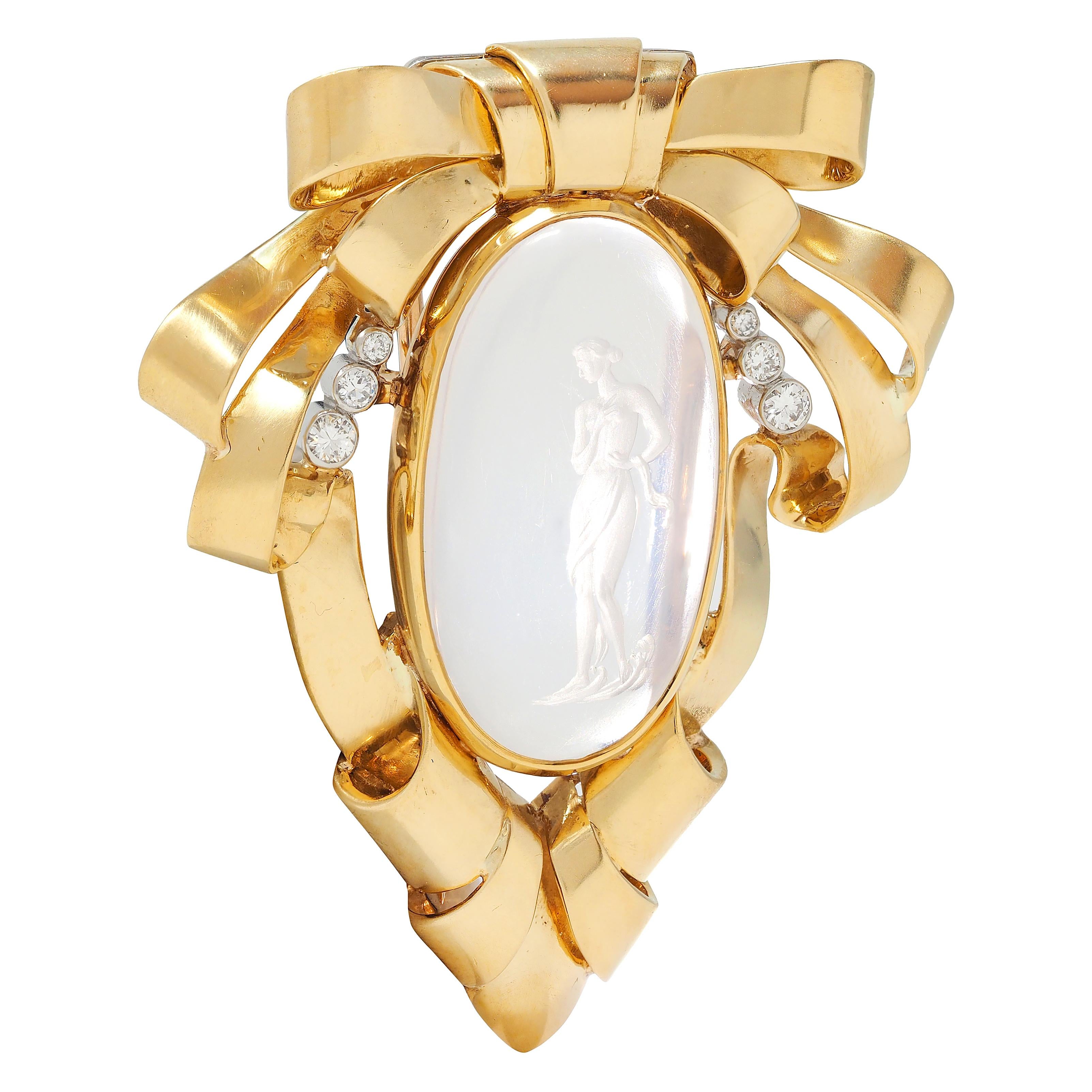 Retro Moonstone Intaglio Diamond Platinum 18K Yellow Gold Vintage Ribbon Brooch
