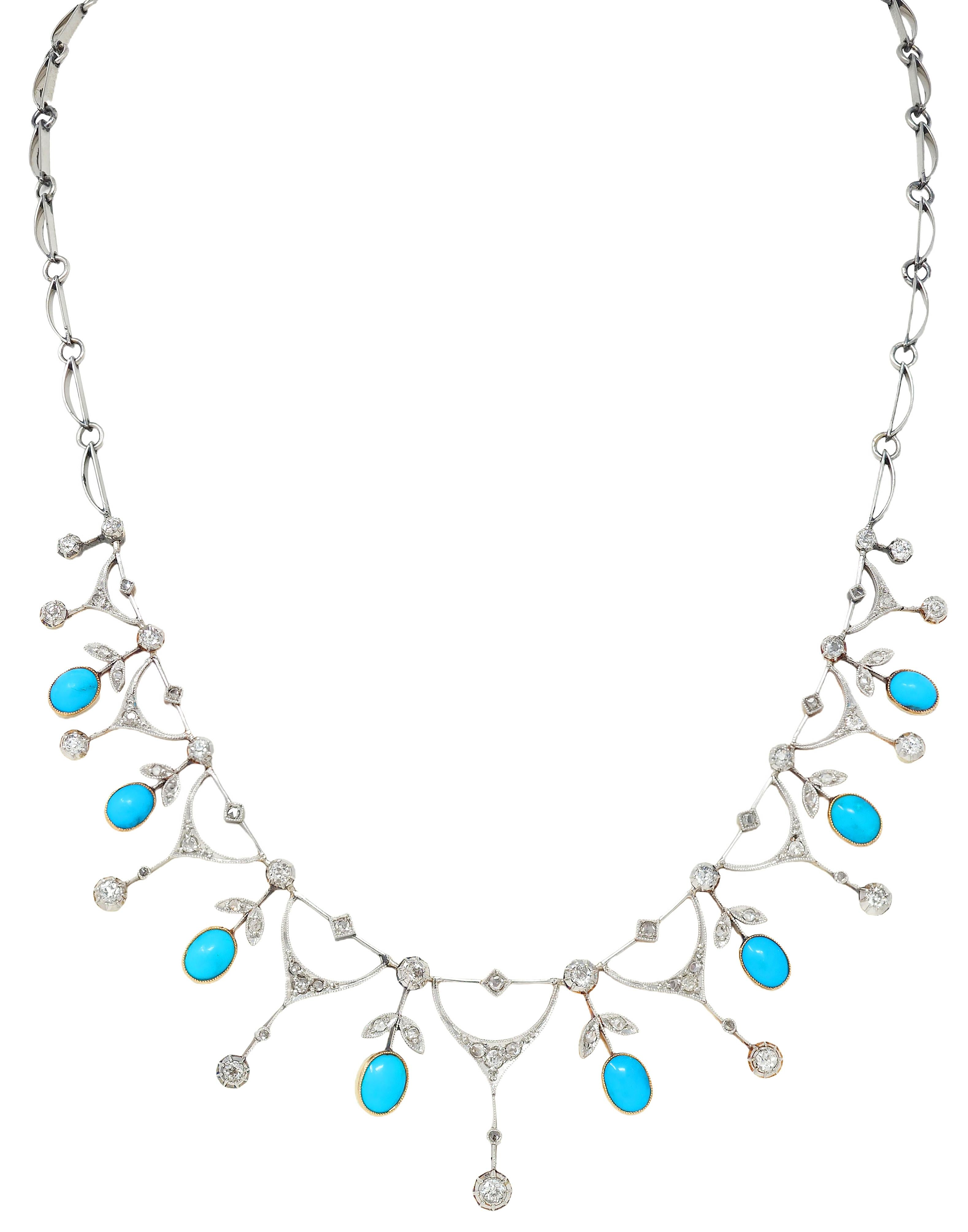 Edwardian Diamond Turquoise Platinum 18K Gold Antique Foliate Fringe Necklace