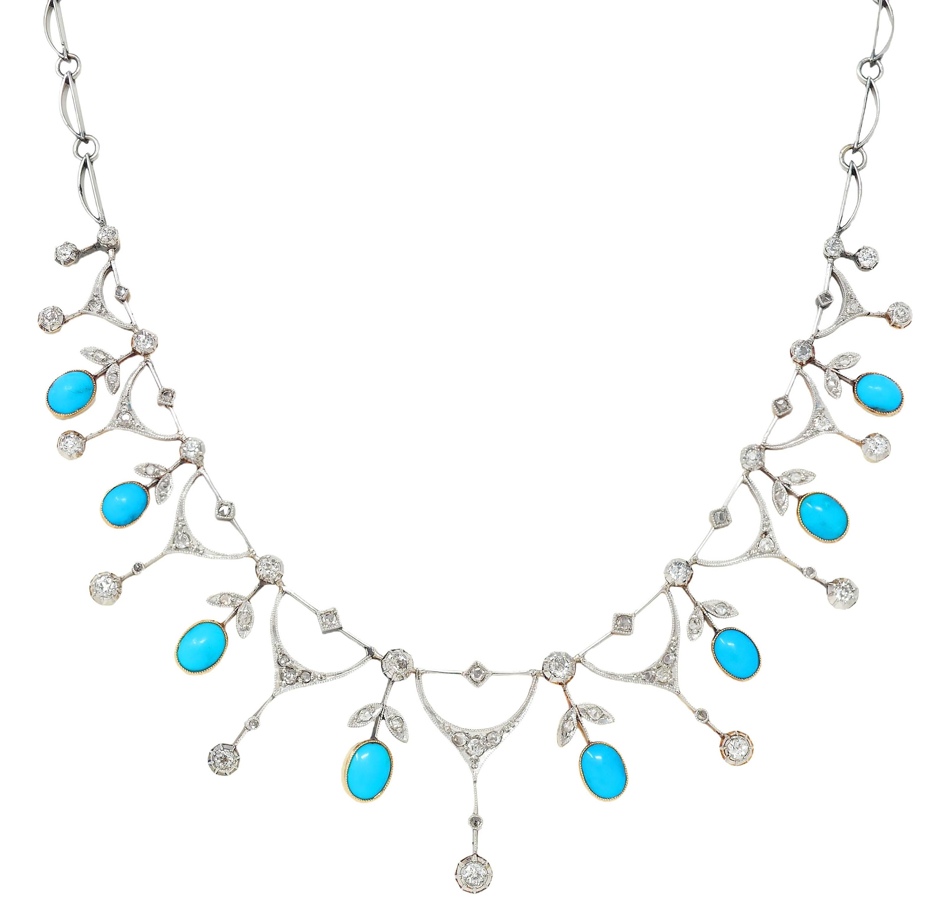 Edwardian Diamond Turquoise Platinum 18K Gold Antique Foliate Fringe Necklace