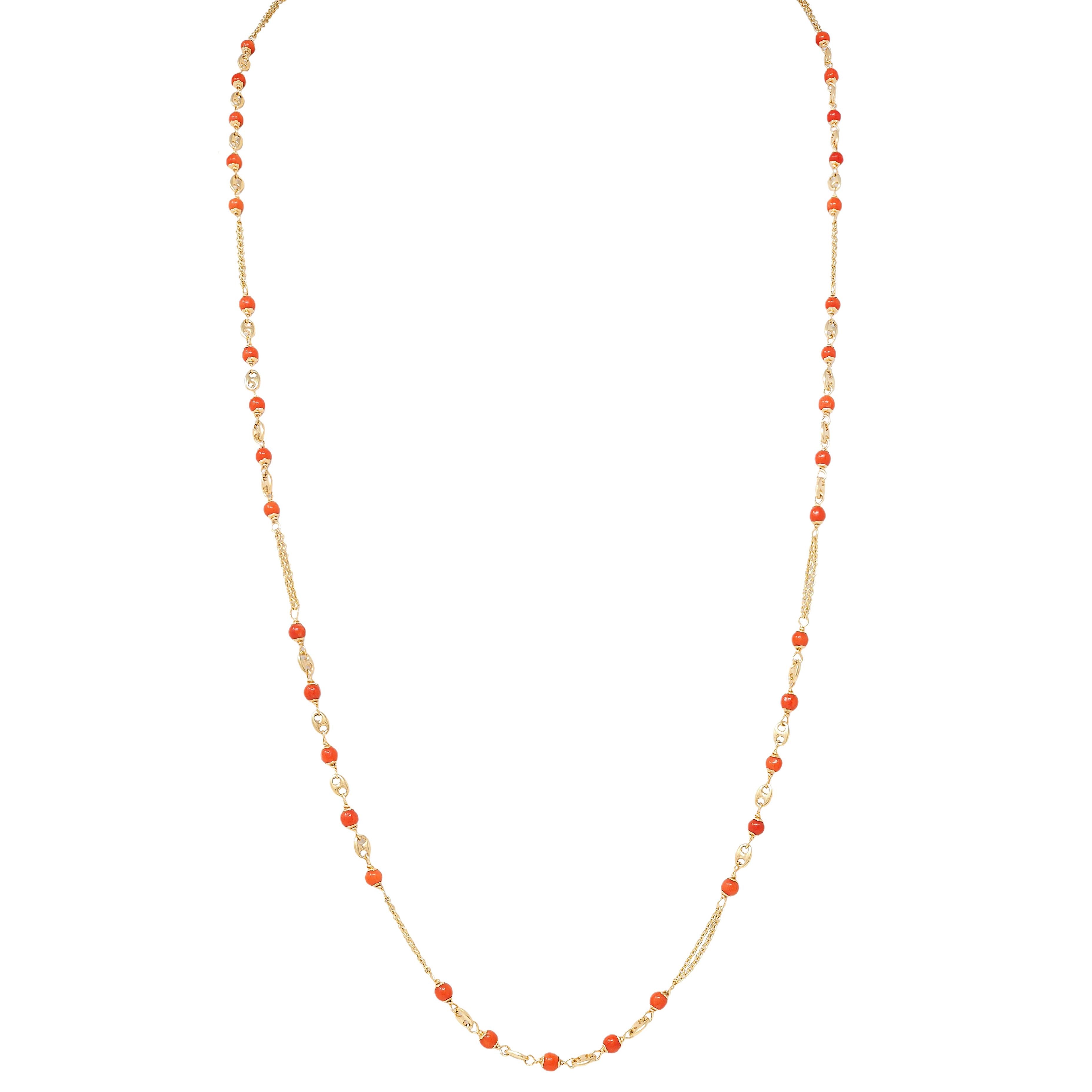1960's Coral 18 Karat Yellow Gold Vintage Beaded Station Necklace