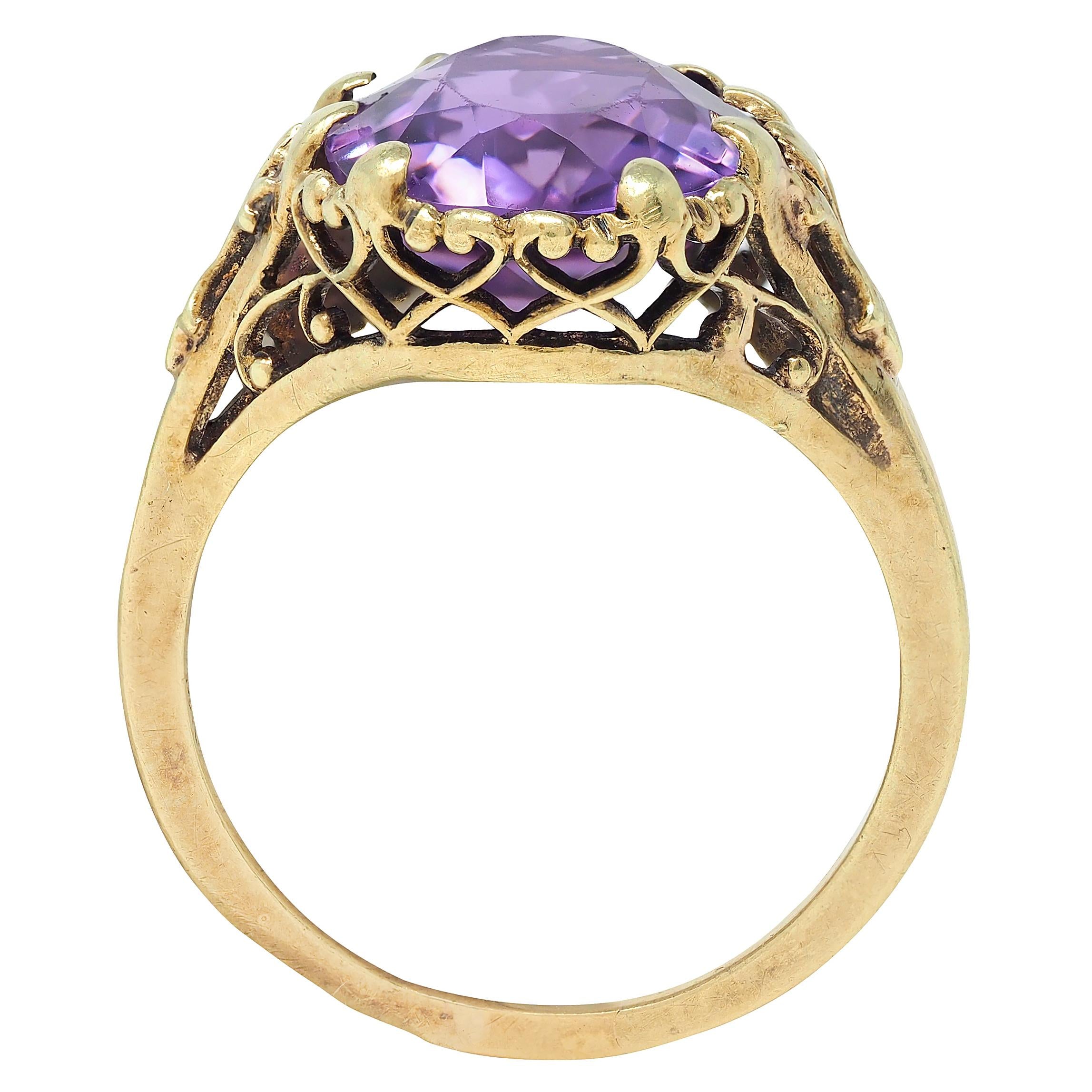 Early Art Deco 4.85 CTW Amethyst 14K Yellow Gold Heart Filigree Cocktail Ring